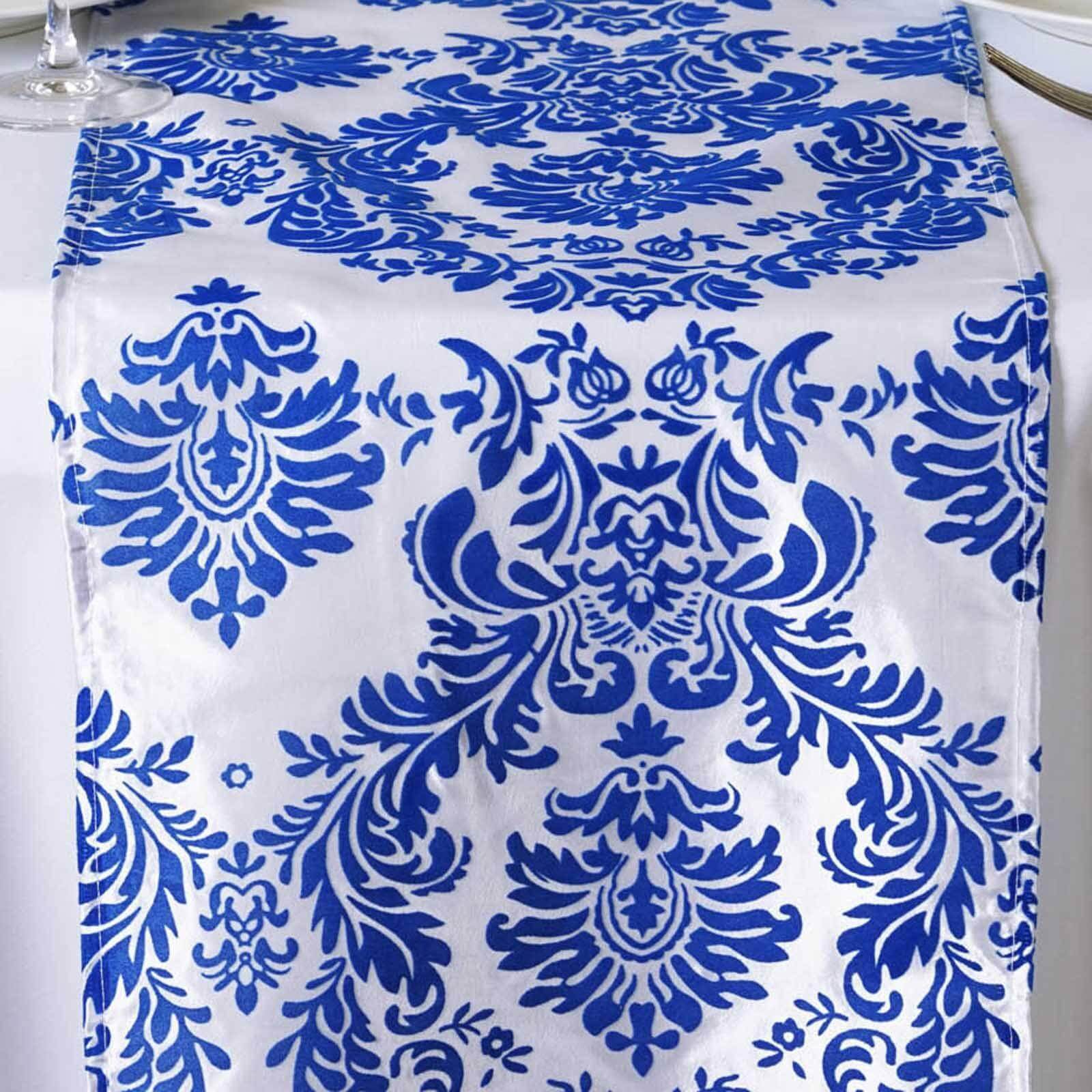 Taffeta Flocking 12x108 Table Runner Royal Blue Damask - Stylish Table Accent