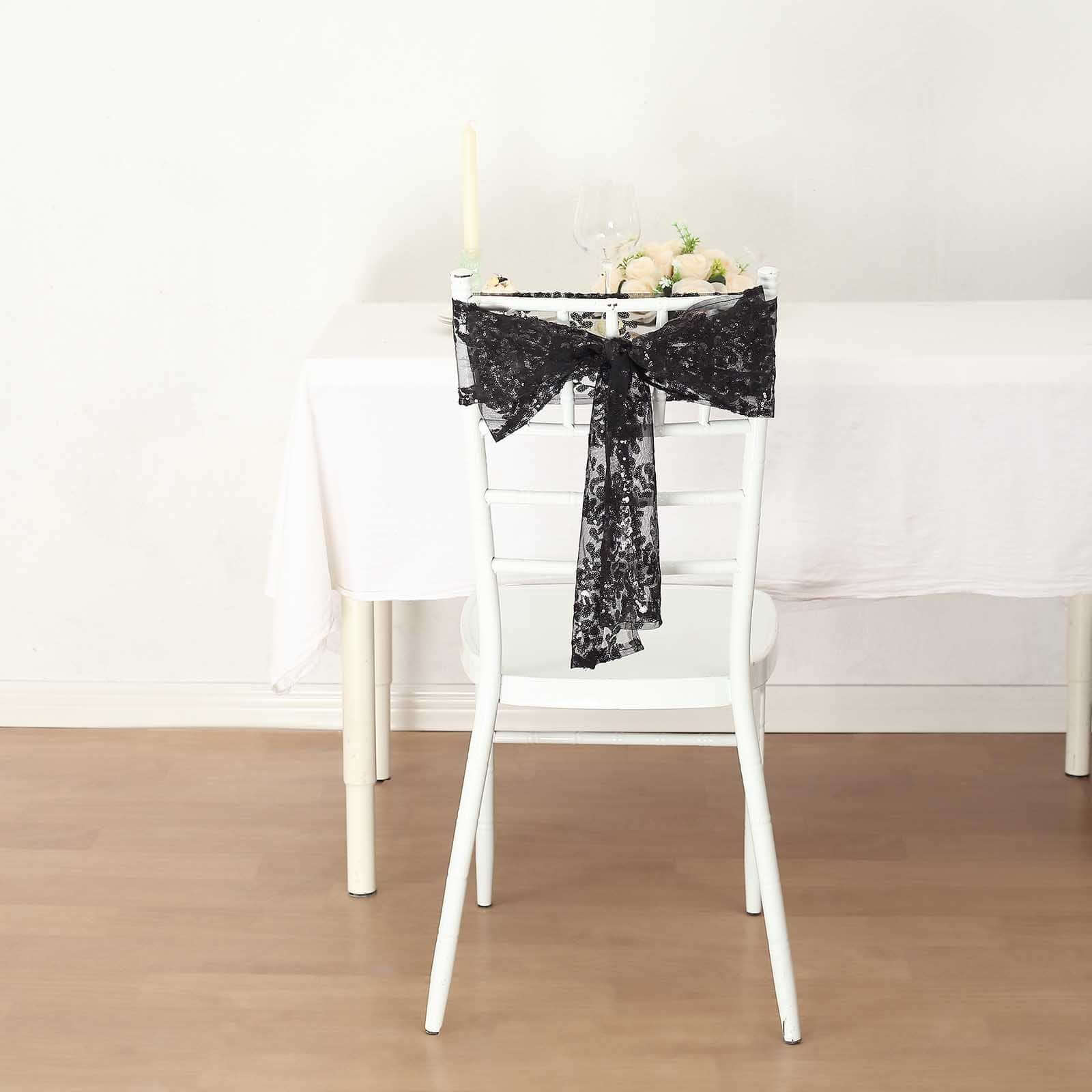 5 Pack Tulle Chair Sashes with Leaf Vine Embroidered Sequins Black 6x88