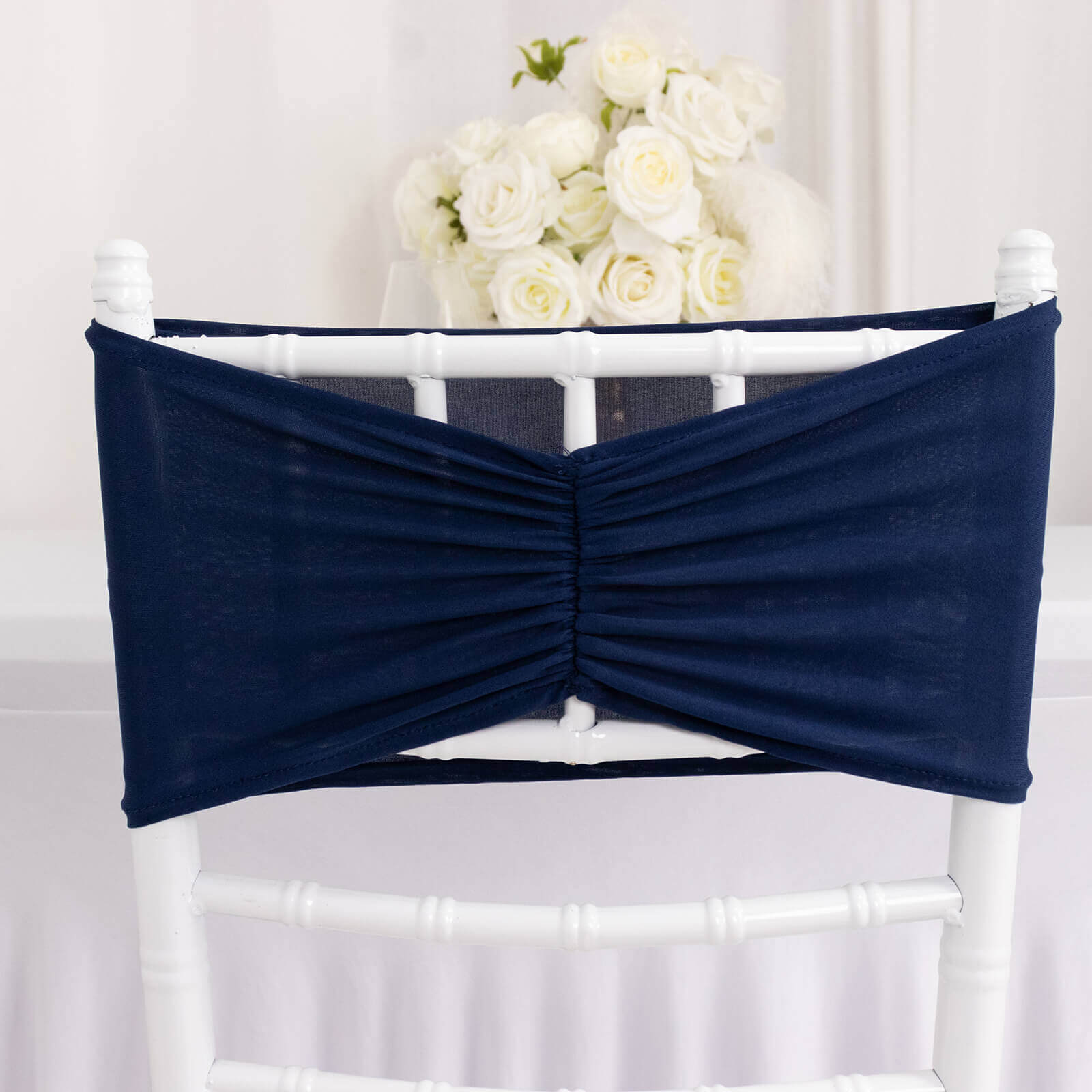 5 Pack Spandex Chair Sashes Navy Blue Ruffled Style - Wide Easy to Use Stretch Chair Bands 8x13