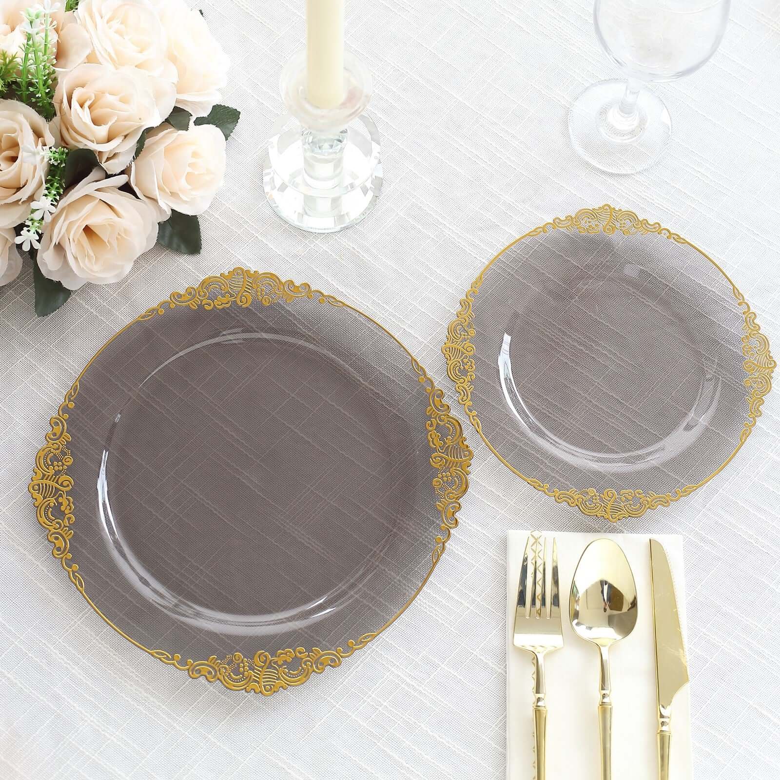 10-Pack Plastic 10 Round Dinner Plates in Transparent Black with Gold Leaf Embossed Rim - Disposable Vintage Baroque Style Plates