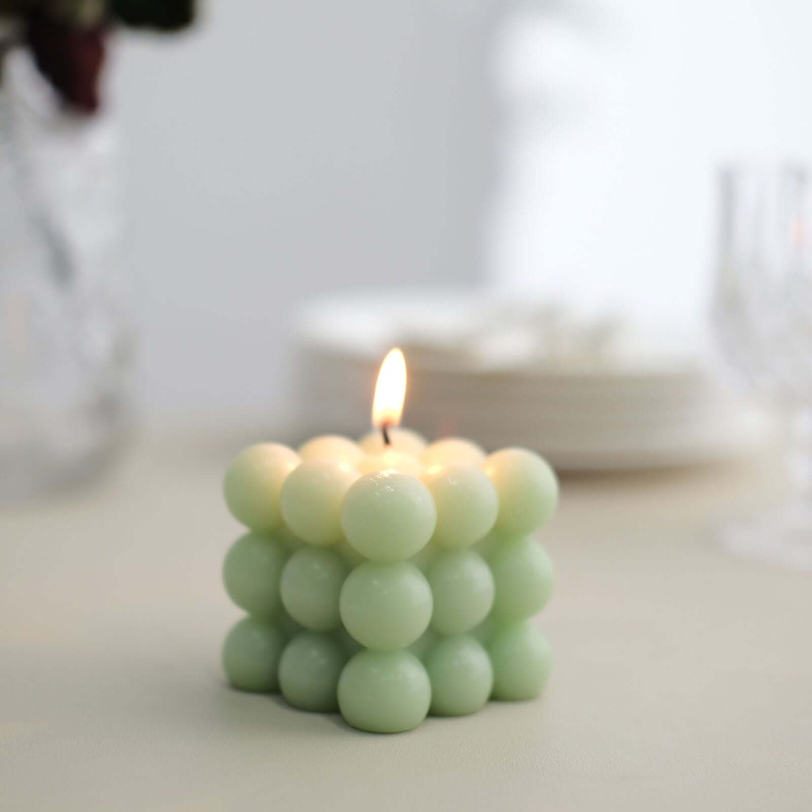 2-Pack Decorative Paraffin Wax Candles Bubble Cube Design Sage Green - Unscented Long Burning Pillar Candle Set 2