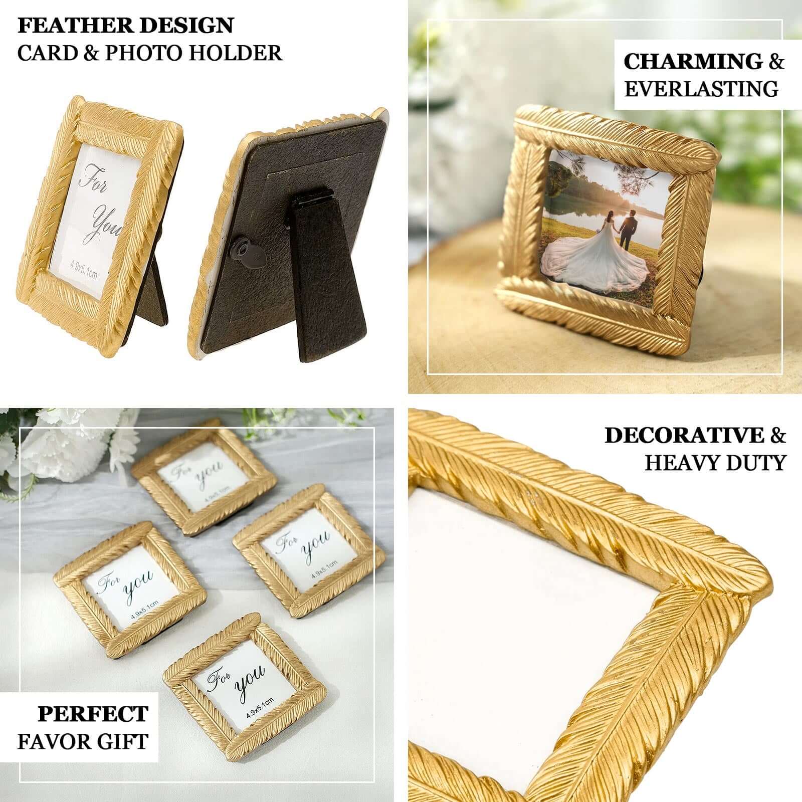 4 Pack Gold Resin 3 Mini Square Vintage Feather Party Favors Picture Frames, Wedding Card Place Holder