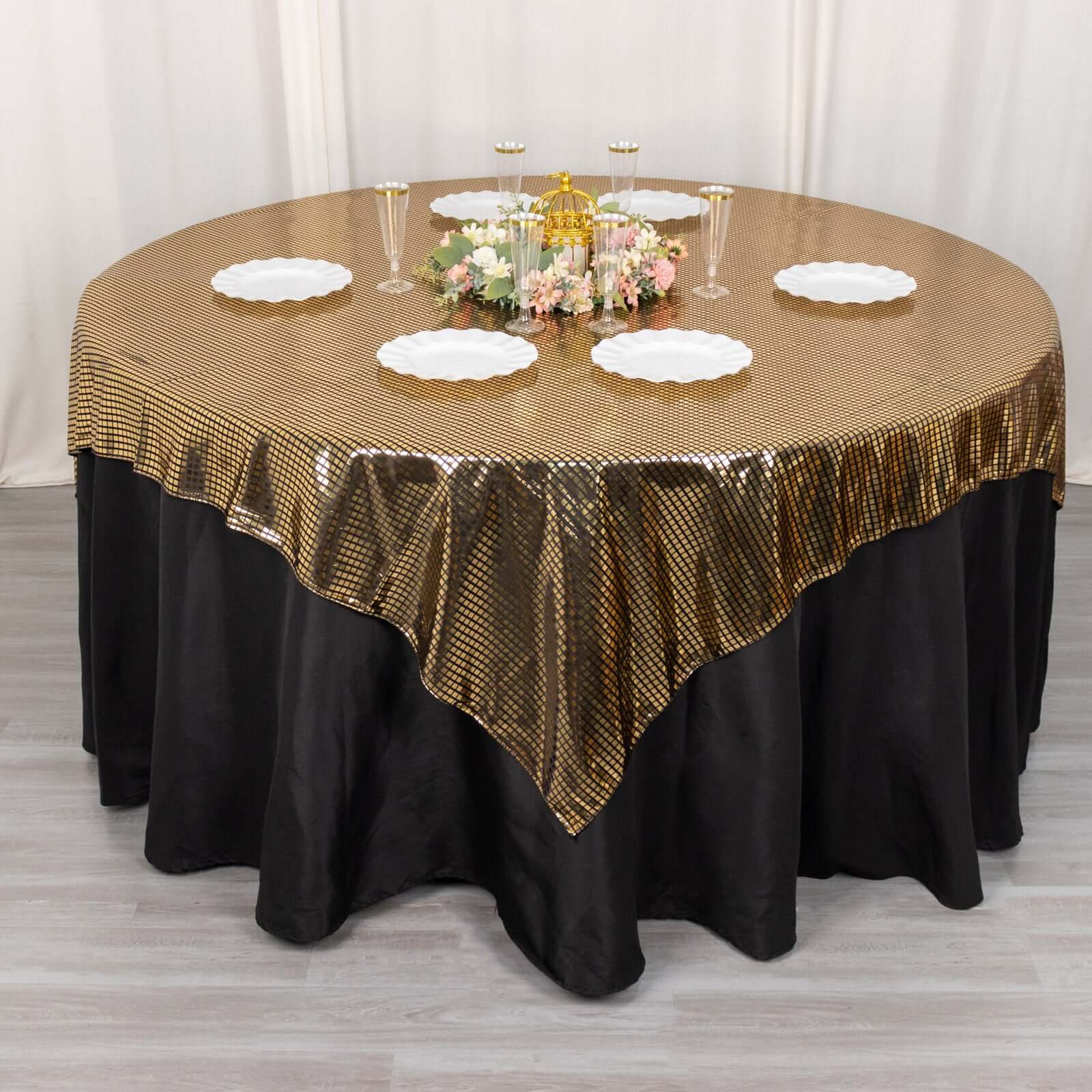 Polyester 72x72 Table Overlay Square Tablecloth Black - Gold Foil Disco Mirror Ball Design for Stylish Celebrations