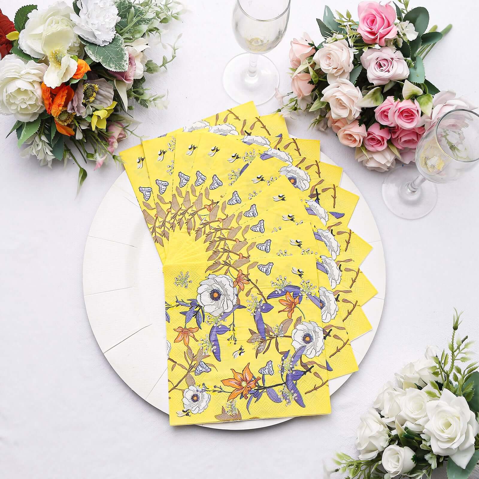 50-Pack Paper Beverage Napkins with Blooming Flowers Design Yellow - 2 Ply Soft 18GSM Floral Wedding Napkins 6.5x6.5