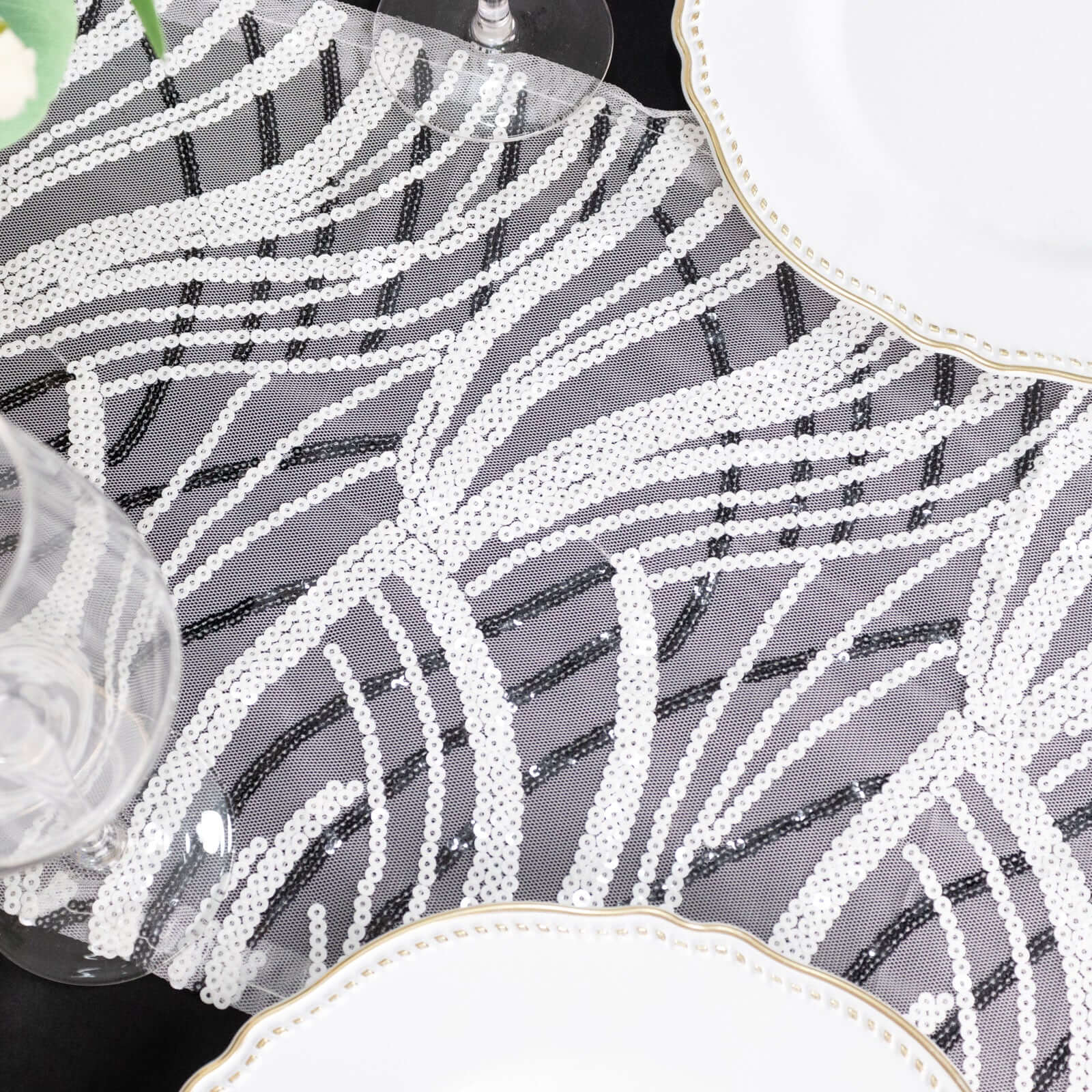 Sequin Mesh 12x108 Table Runner White Black Stylish Wave Embroidery