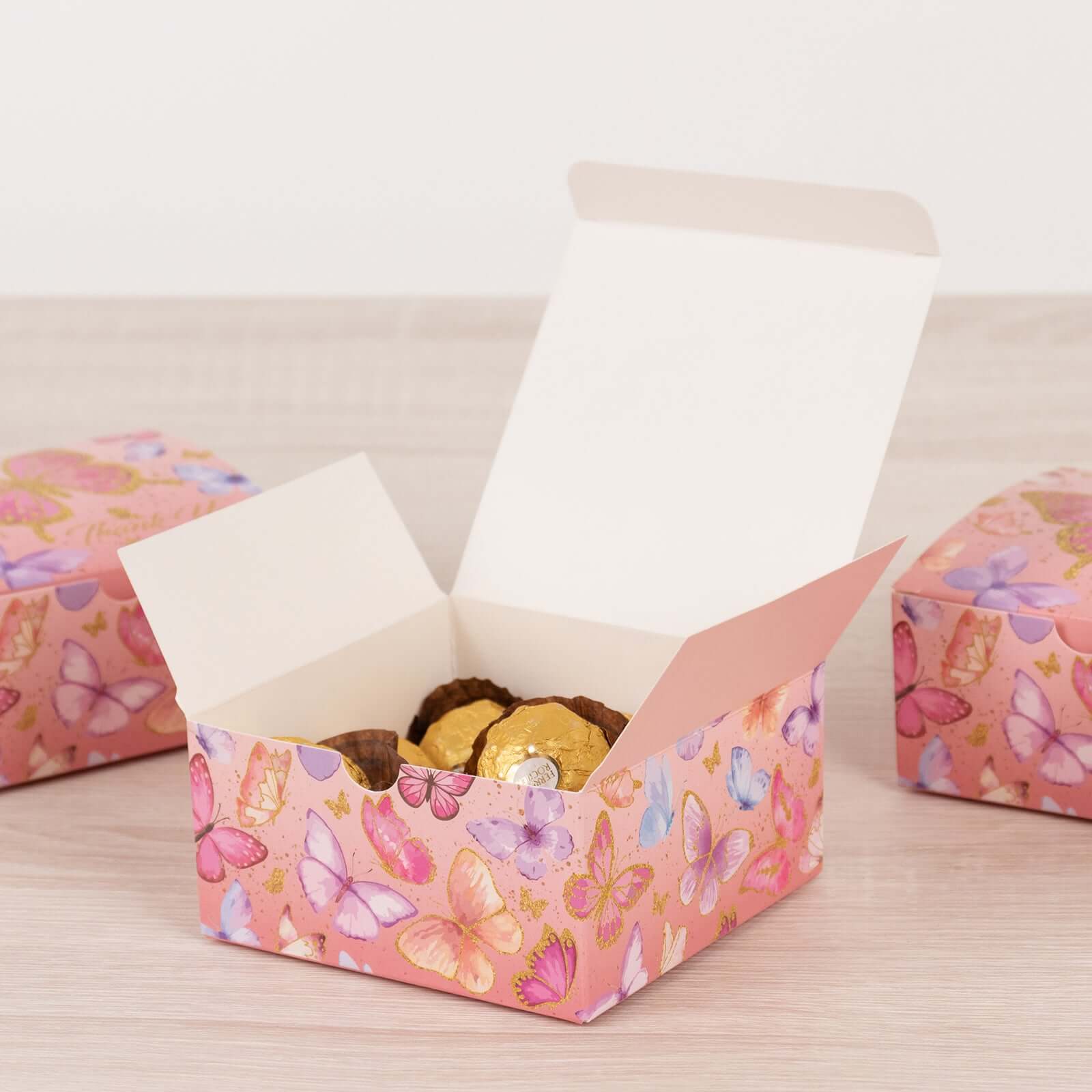 25 Pack Pink Butterfly Themed Candy Gift Boxes with Thank You Print, Cardstock Paper Party Favor Boxes - 4x4x2