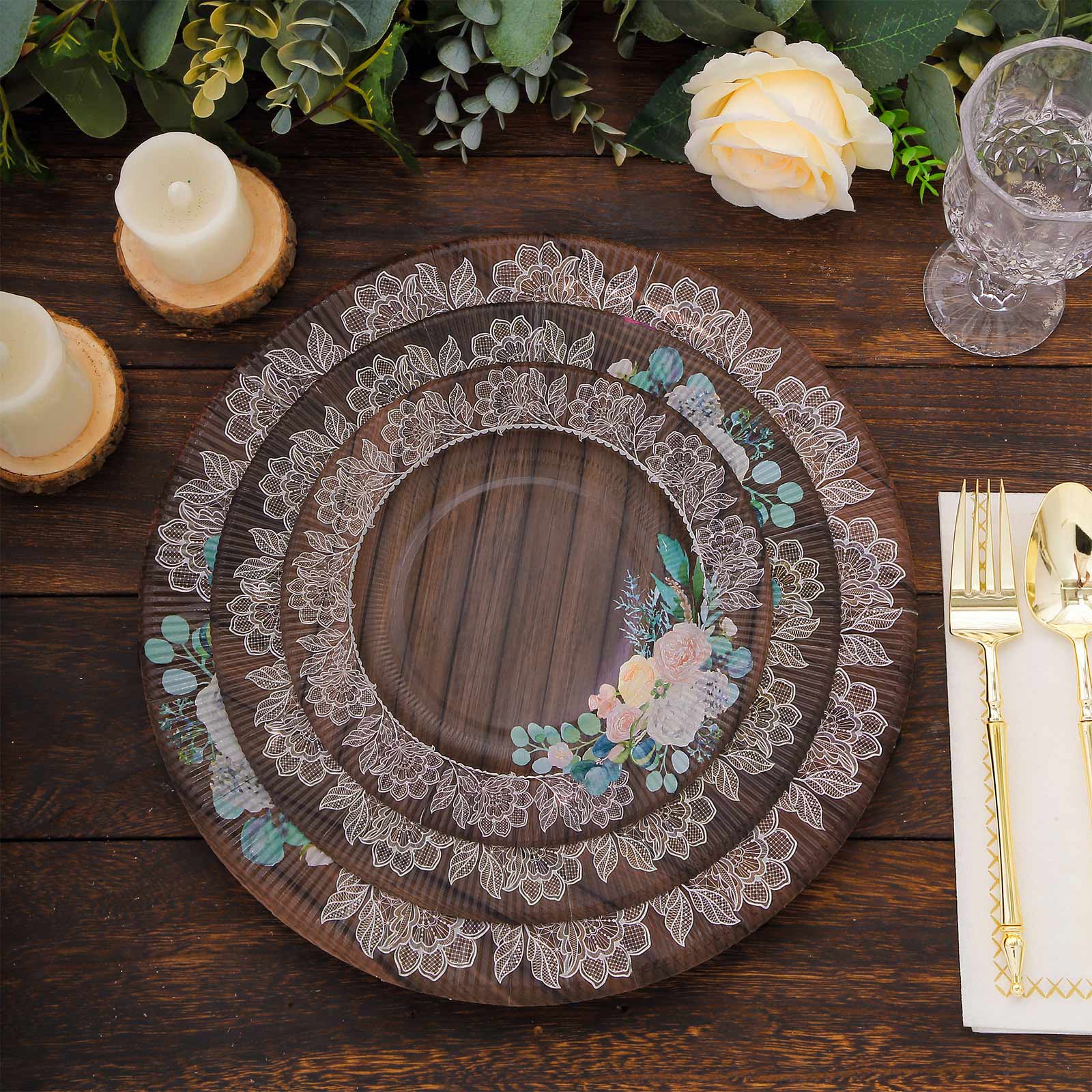 25-Pack Paper 10 Round Dinner Plates in Brown Wood Print with Floral Lace Rim - Disposable Party Plates for Farmhouse Weddings & Rustic Themes