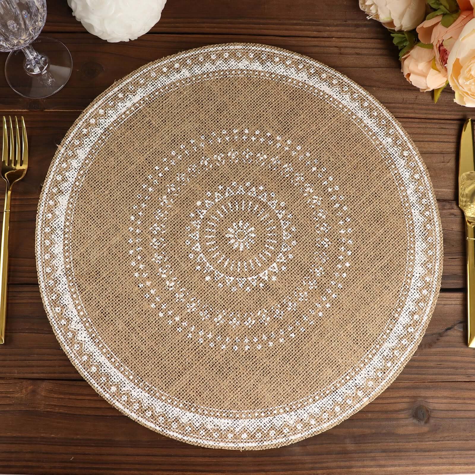 4-Pack Placemats Braided Design Natural Jute and White Round - Rustic Burlap Woven Table Mats 15