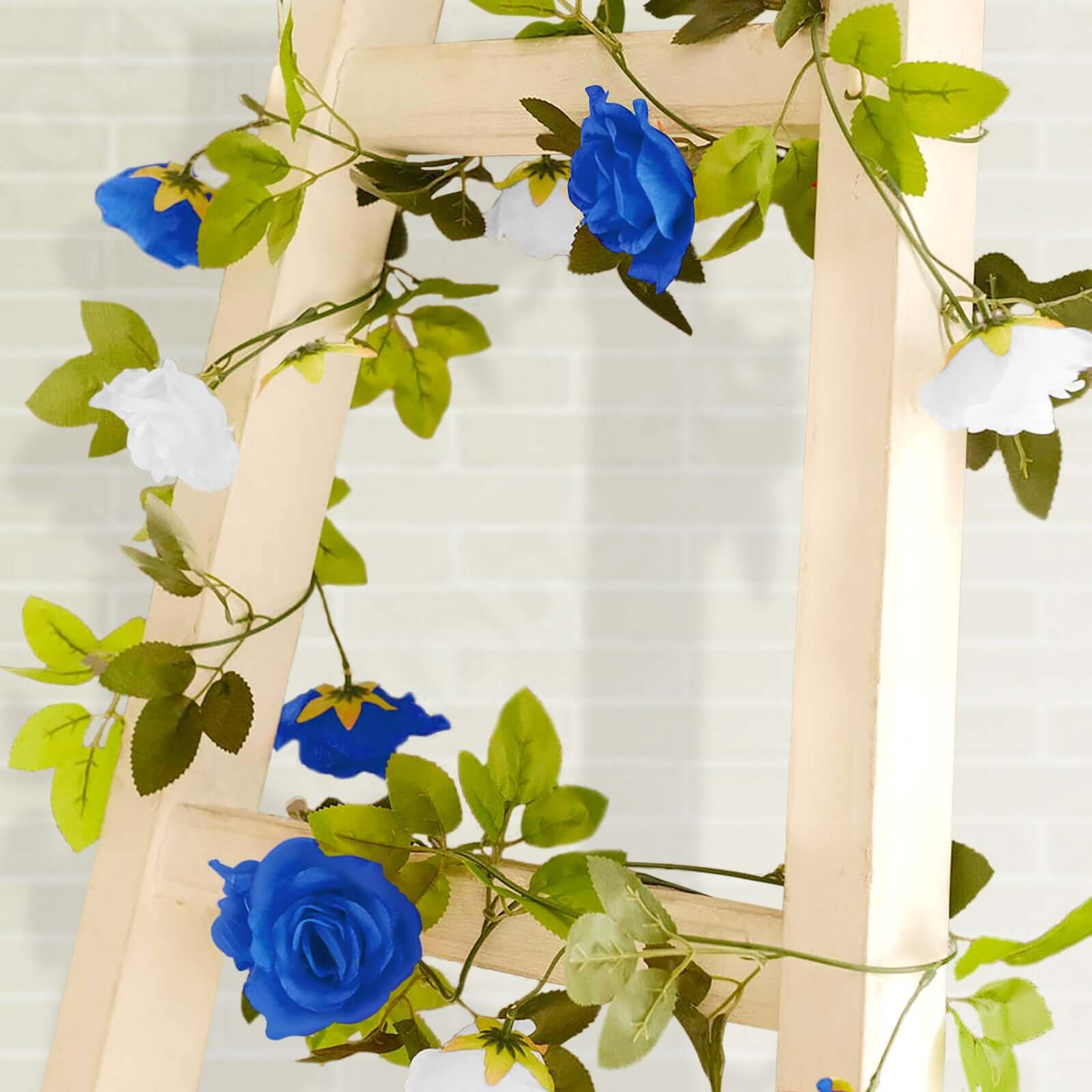 2 Pack 7ft White Royal Blue Artificial Silk Flower Garland Mini Rose Vines with 26 Flower Heads