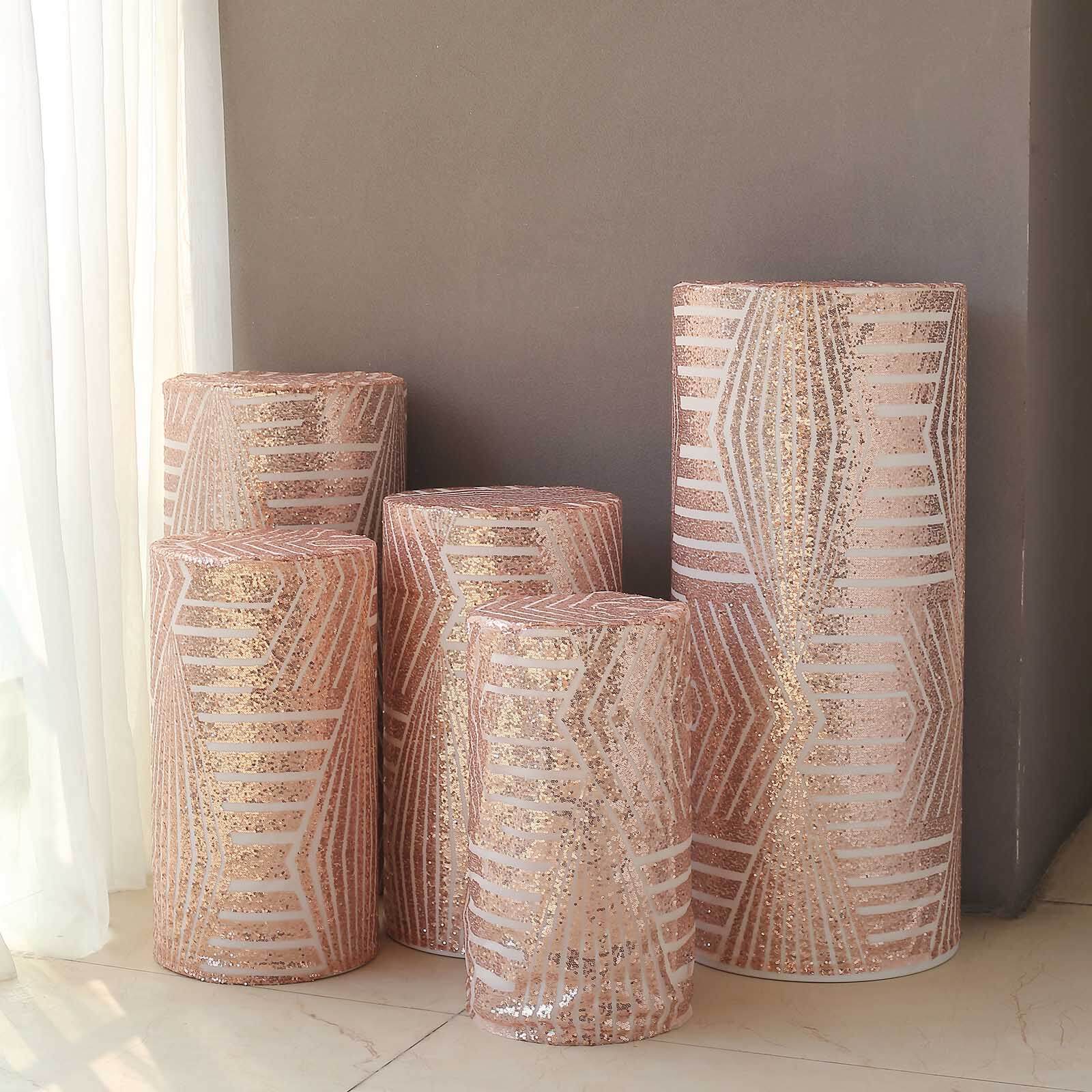 Set of 5 Rose Gold Sequin Mesh Cylinder Pedestal Stand Covers with Geometric Pattern Embroidery, Sparkly Sheer Tulle Pillar Prop Covers