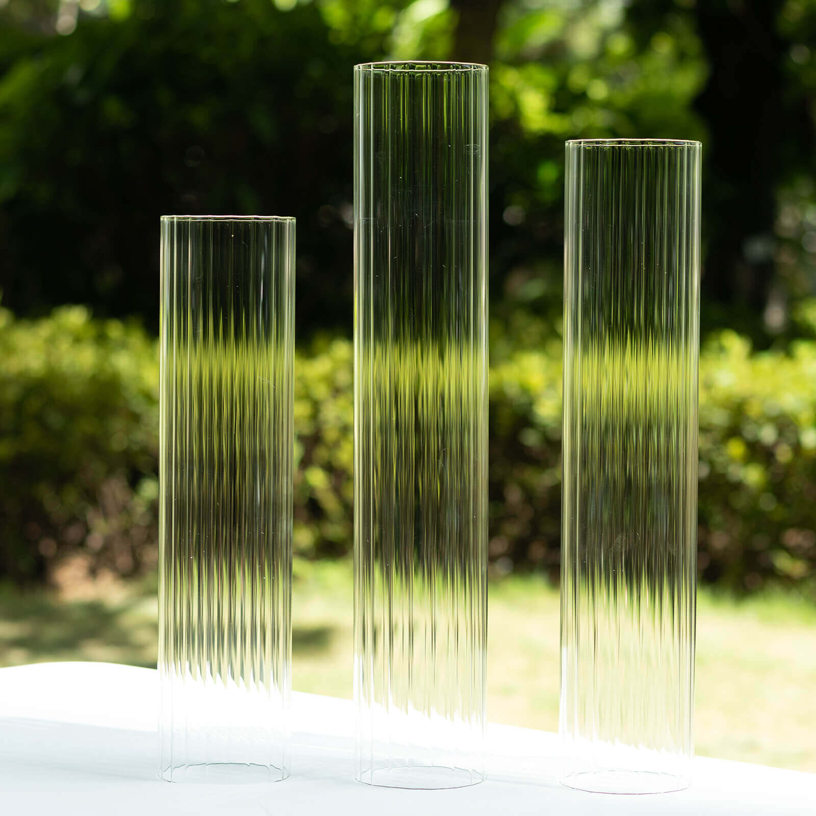 Set of 3 Clear Ribbed Glass Hurricane Shades Open End Design - Stylish Candelabra Pillar Candle Holder Table Centerpiece 15, 17, 19