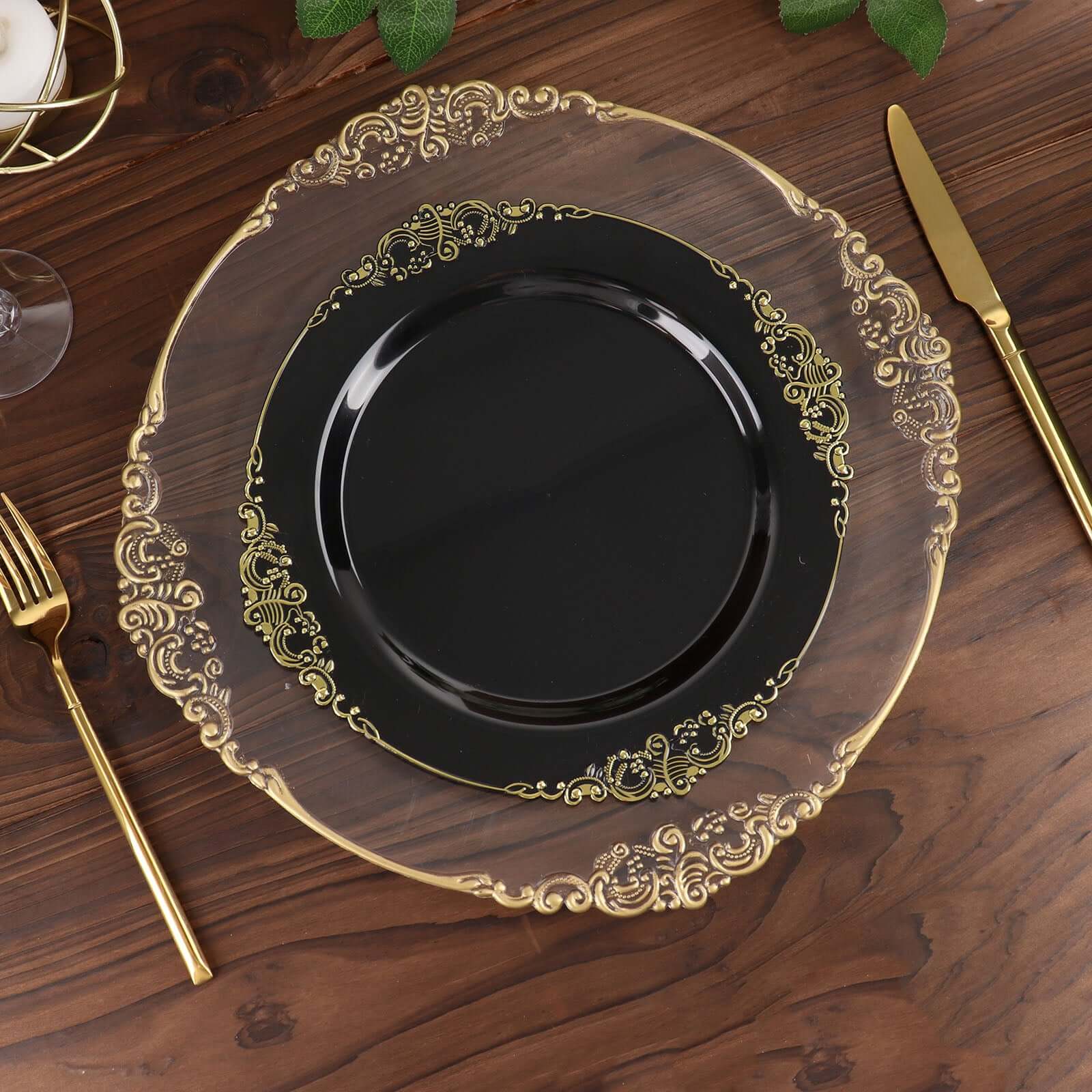 10-Pack Plastic 10 Round Dinner Plates in Black with Gold Leaf Embossed Rim - Disposable Vintage Baroque Style Plates for Luxurious Gatherings & Events