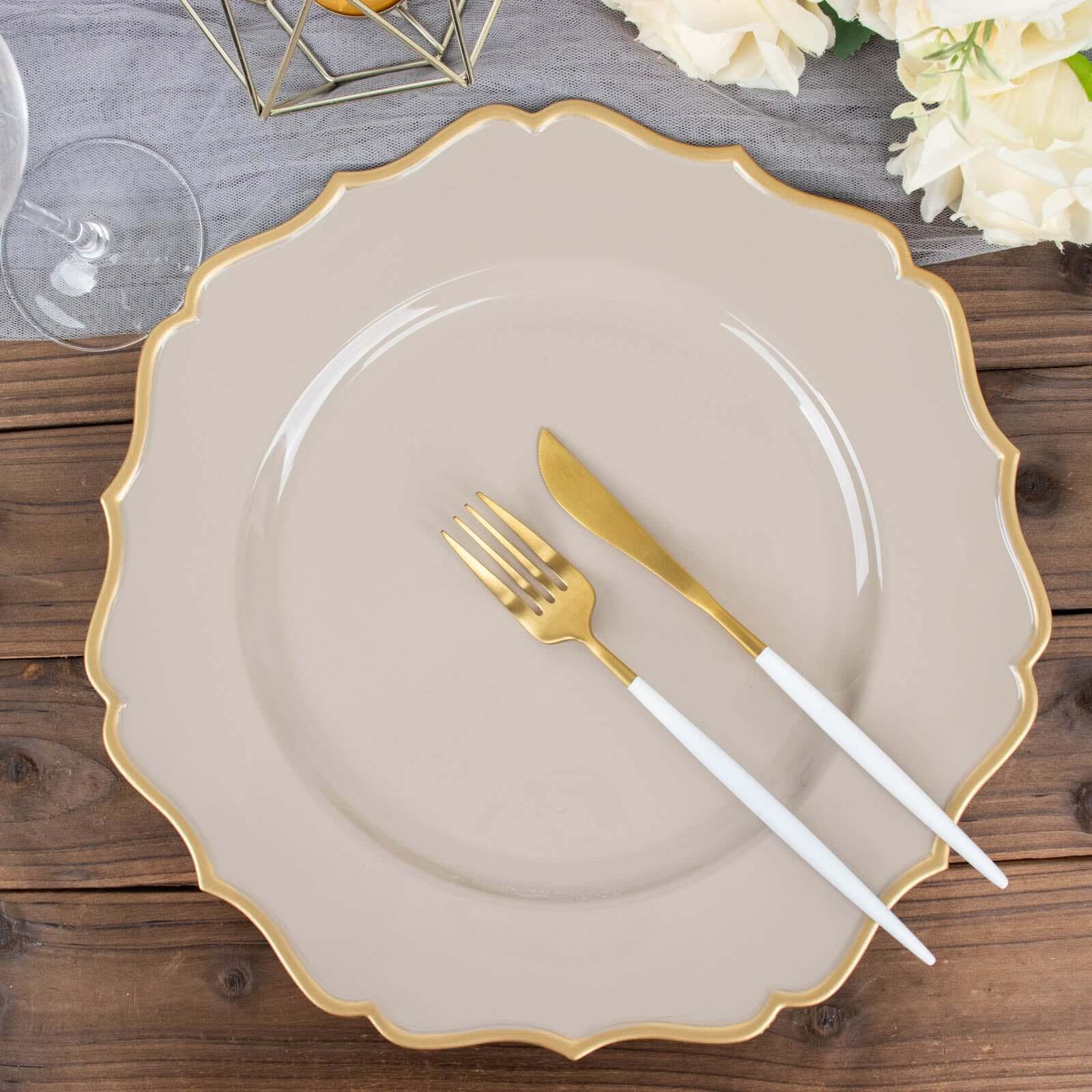 6-Pack Acrylic Round Charger Plates 13 in Taupe with Gold Scalloped Rim, Decorative Dinner Party Plastic Charger Tableware