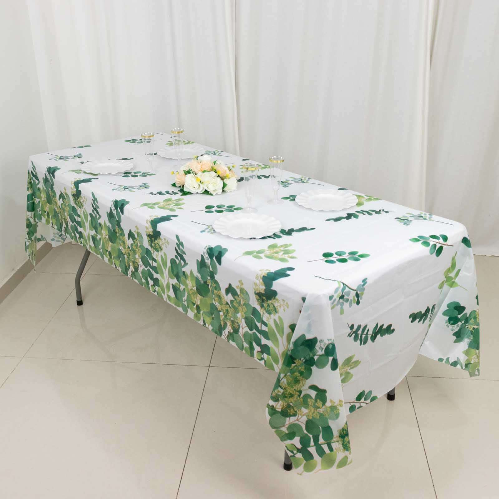 5-Pack Plastic Table Covers White/Green Rectangle with Eucalyptus Leaves Print - Decorative PVC Disposable Tablecloths 54x108