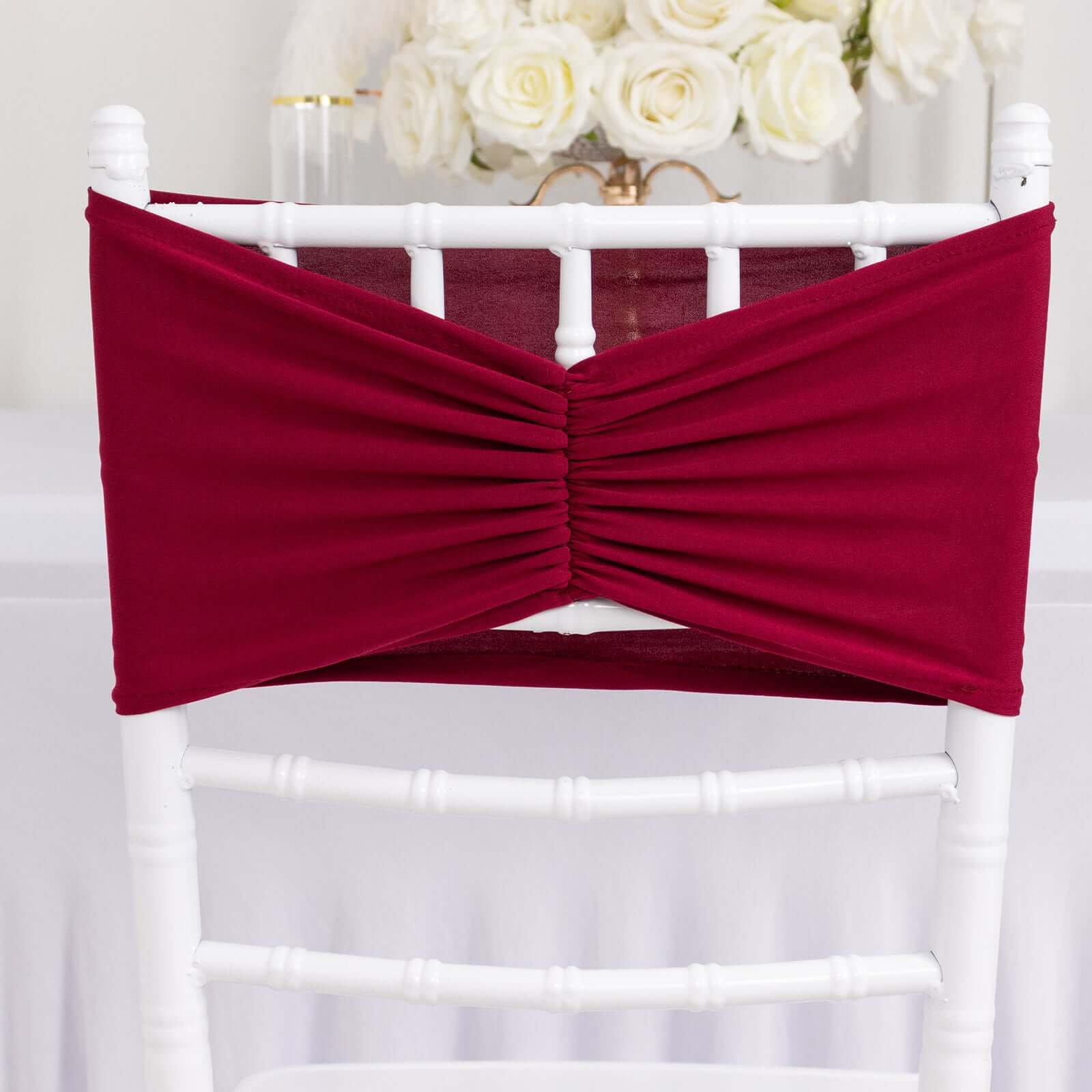 5 Pack Spandex Chair Sashes Burgundy Ruffled Style - Wide Easy to Use Stretch Chair Bands 8x13