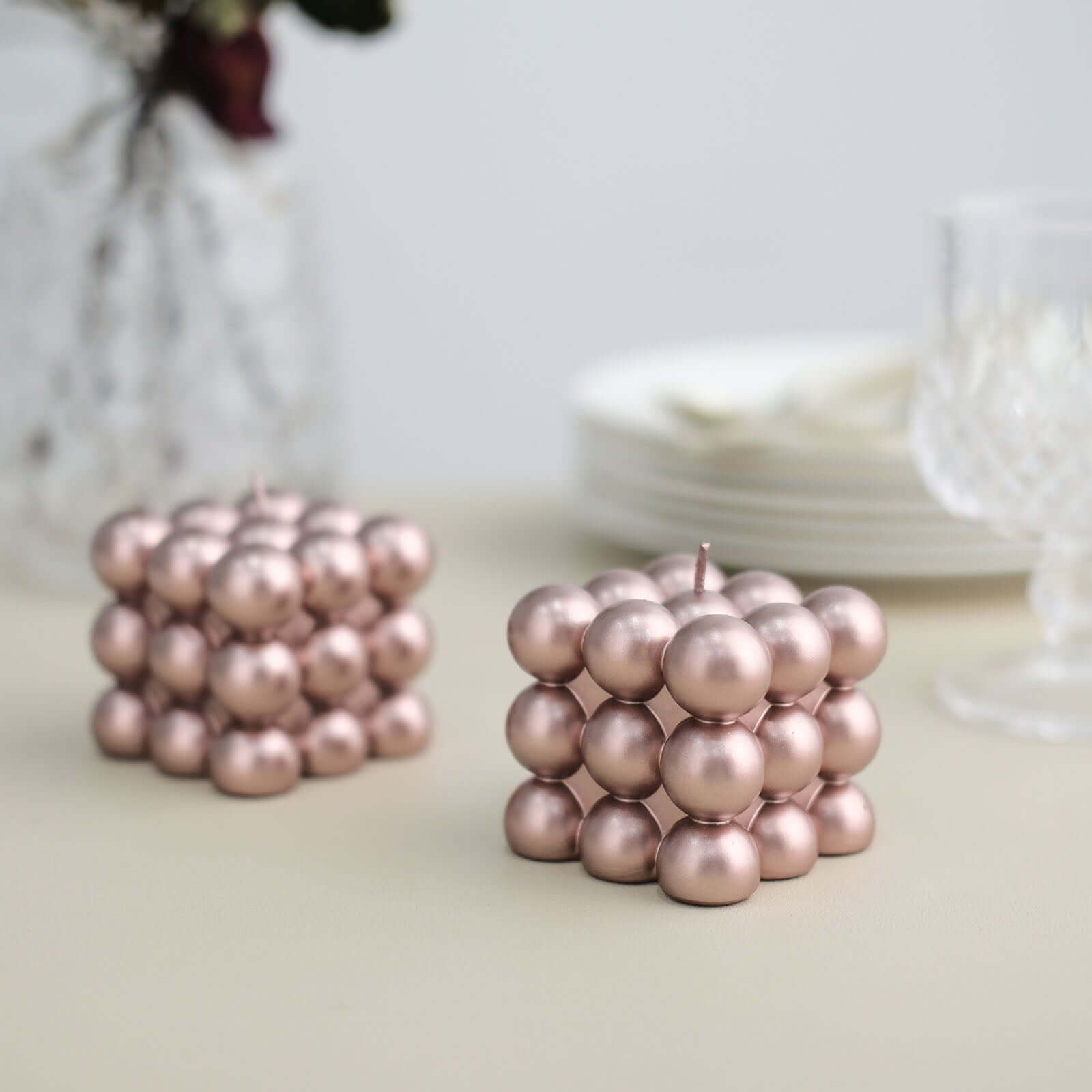 2-Pack Decorative Paraffin Wax Candles Bubble Cube Design Metallic Rose Gold - Unscented Long Burning Pillar Candle Set 2