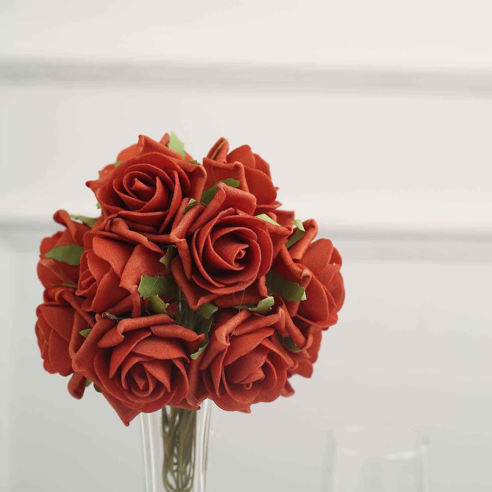 24 Roses 2 Terracotta (Rust) Artificial Foam Flowers With Stem Wire and Leaves