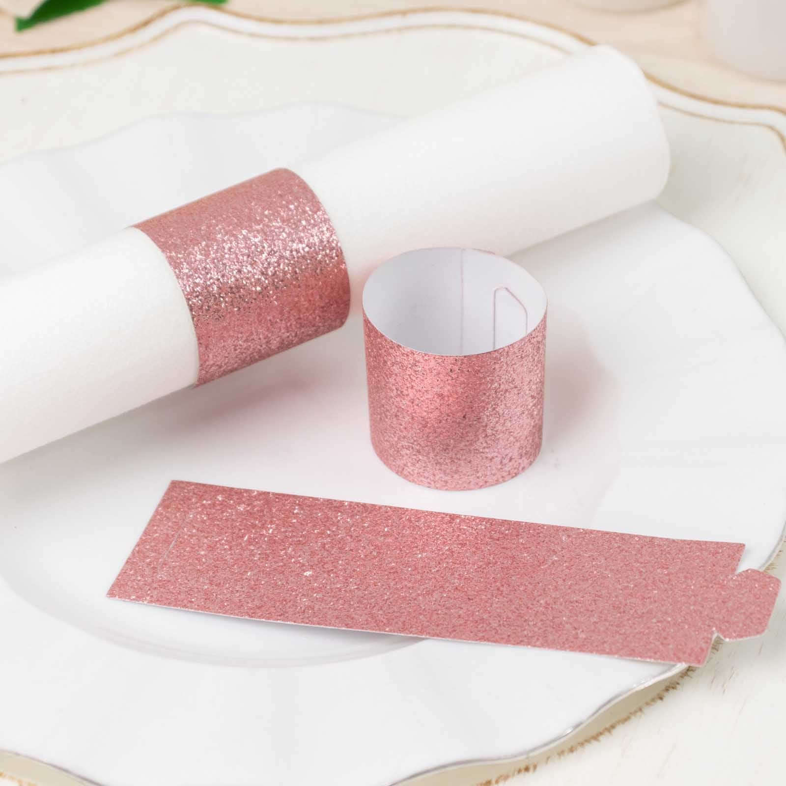 50-Pack Paper Napkin Rings Rose Gold Glitter - Stylish Disposable Napkin Holders 1.5