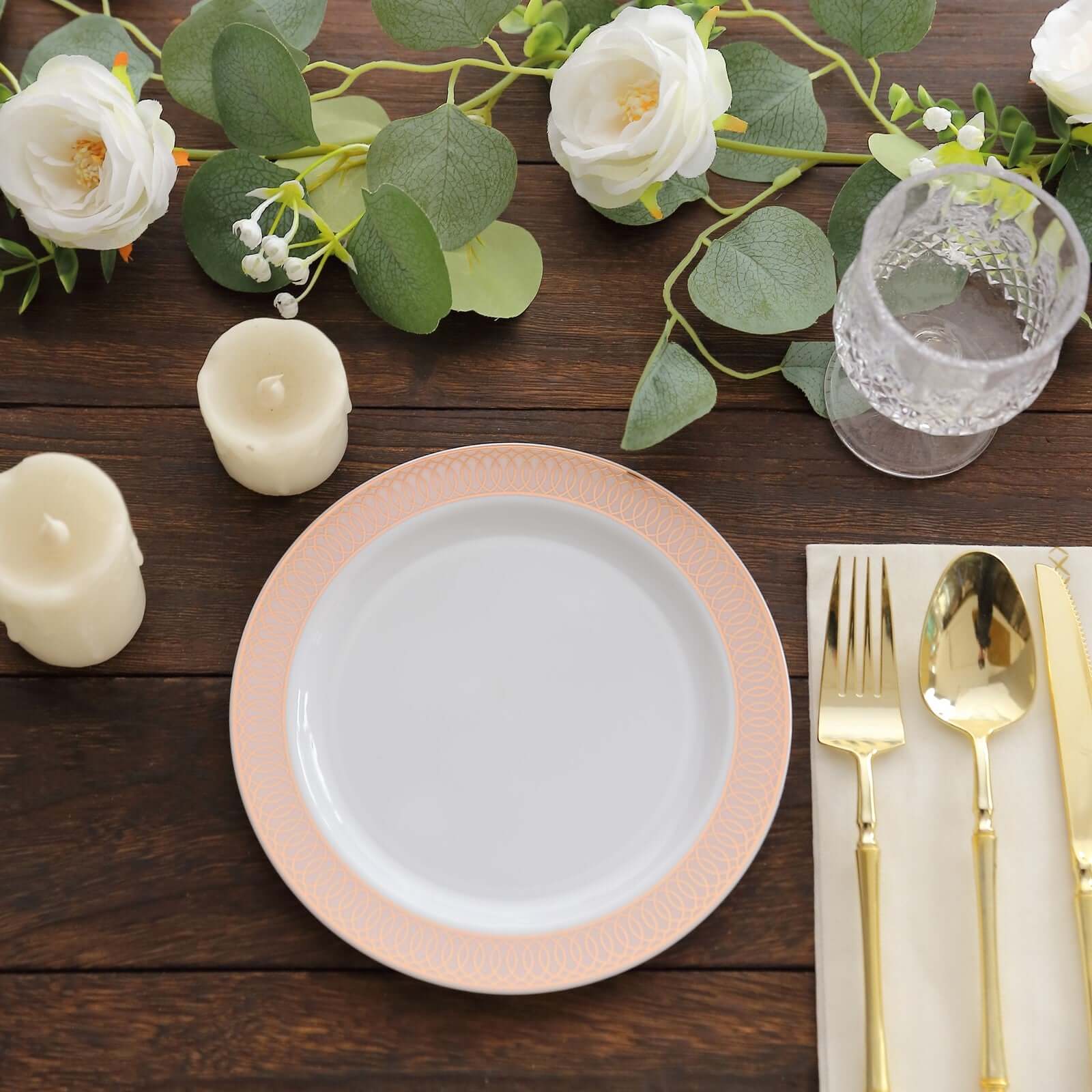 10-Pack Plastic Round Dessert Plates 7 White with Blush Rose Gold Spiral Rim - Chic Disposable Salad Plates for Events & Banquets