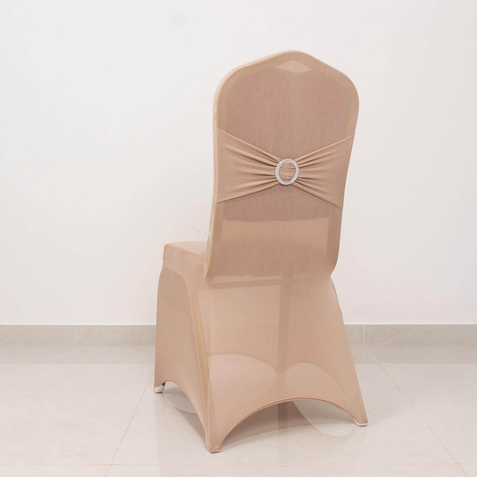 Spandex Chair Cover with Nude Rhinestone Buckled Sash Band Blush - Stretch Fitted Slipcover