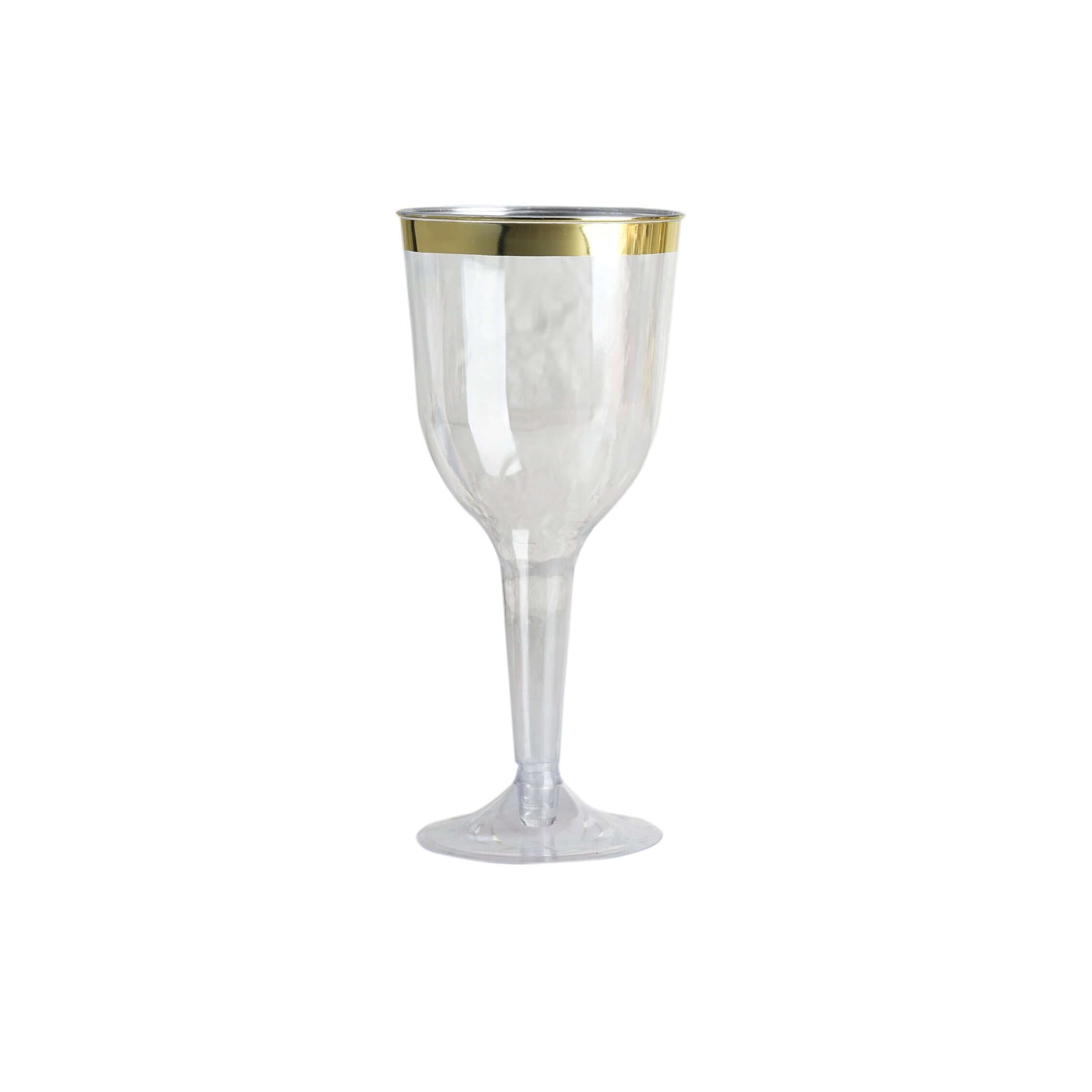 12-Pack Plastic Wine Goblet Glasses Clear/Gold Rim Hollow Stem - Stylish Disposable Cups with Detachable Base for Events 9oz