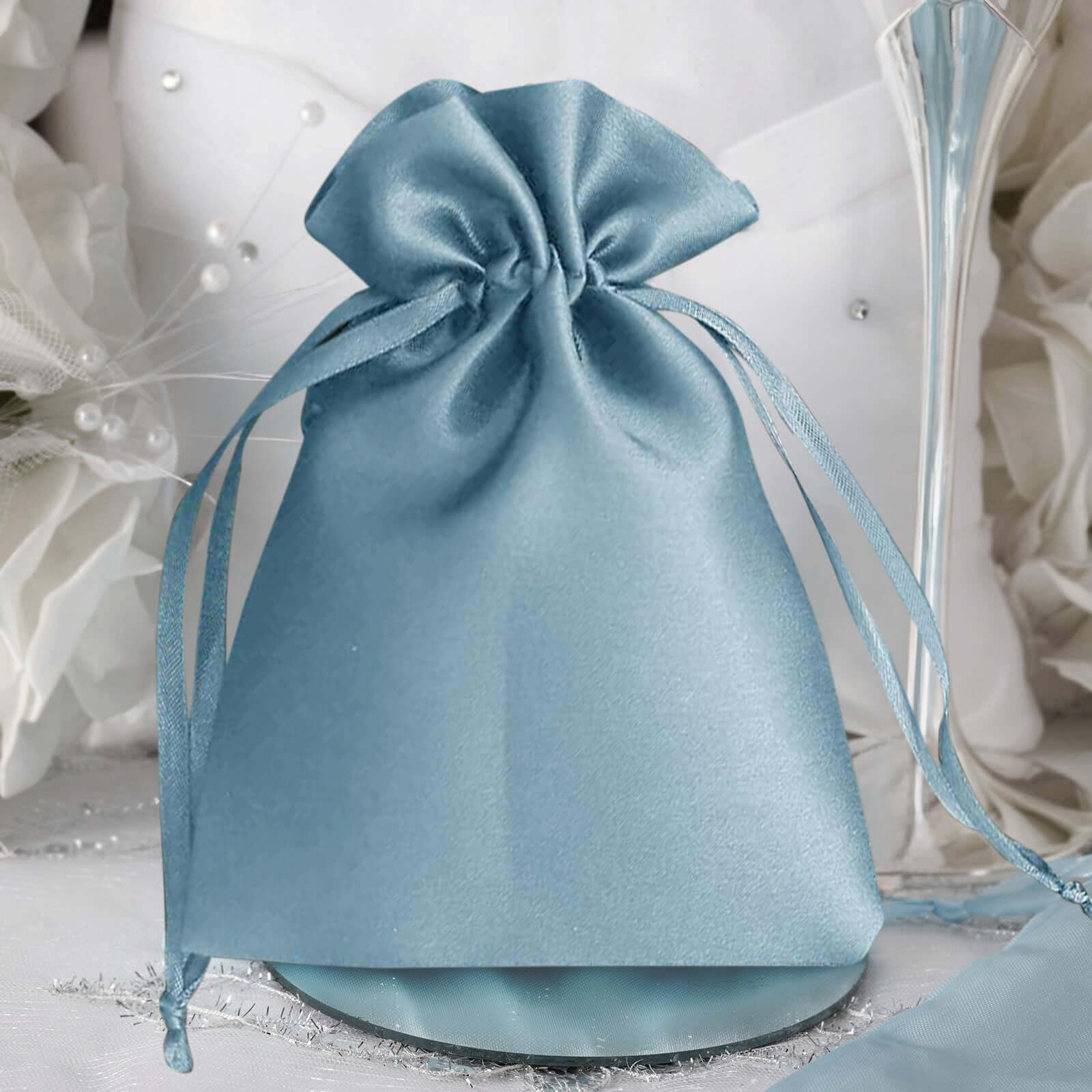 12 Pack 5x7 Dusty Blue Satin Drawstring Wedding Party Favor Gift Bags