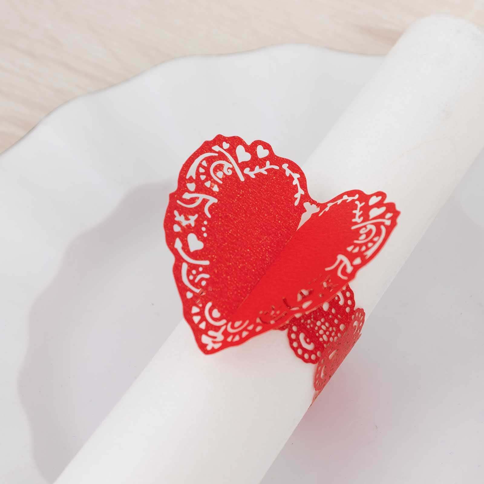 12 Pack Red Shimmery Laser Cut Heart Paper Napkin Holders with Lace Pattern, Disposable Napkin Rings Bands