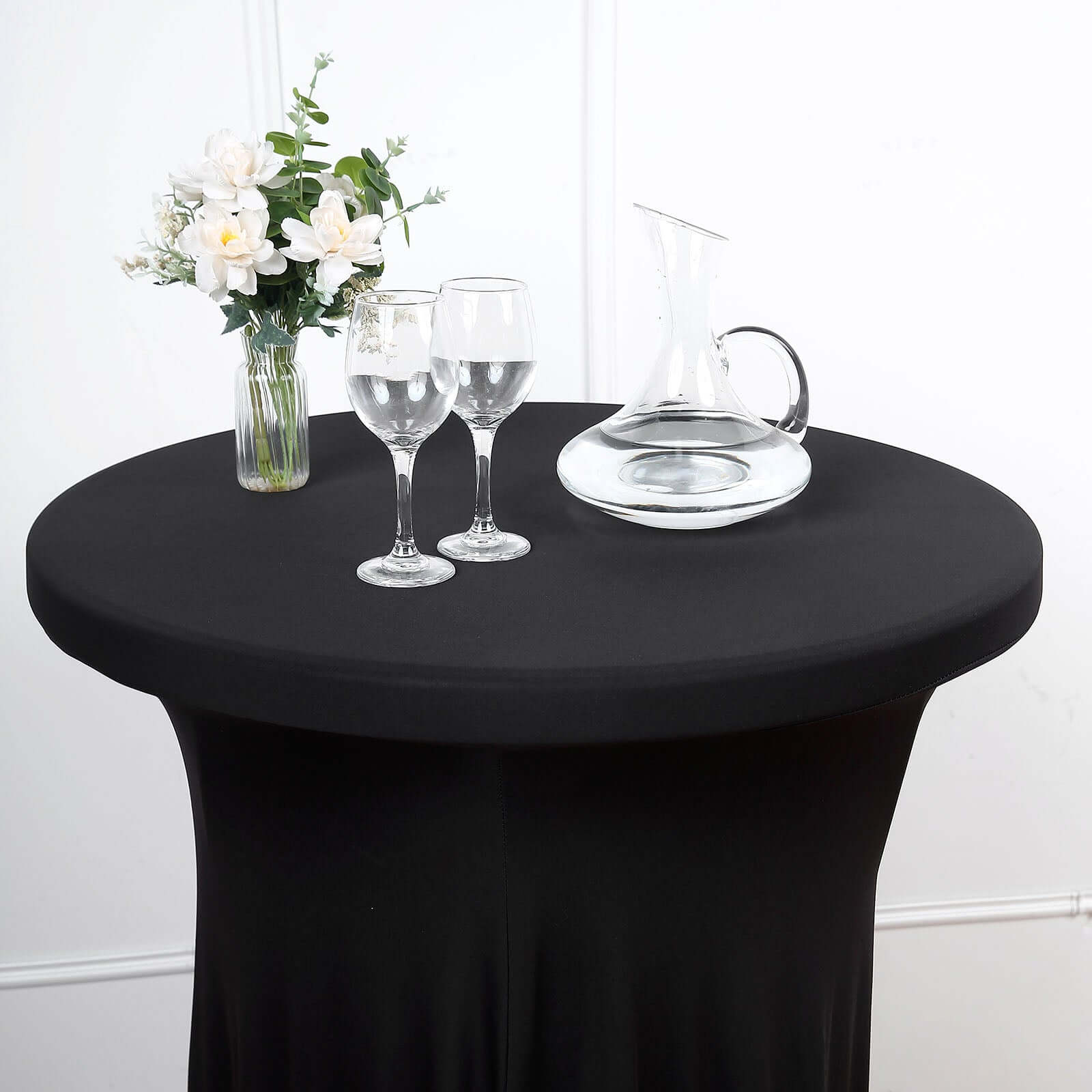 Spandex 32 Round Cocktail Table Cover Skirt Black With Natural Wavy Drapes