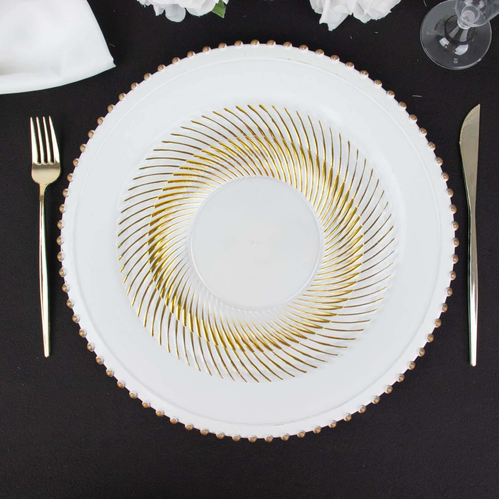 10-Pack Plastic 7 Round Dessert Plates in White with Gold Swirl Rim - Disposable Salad Plates for Classy Events & Banquets