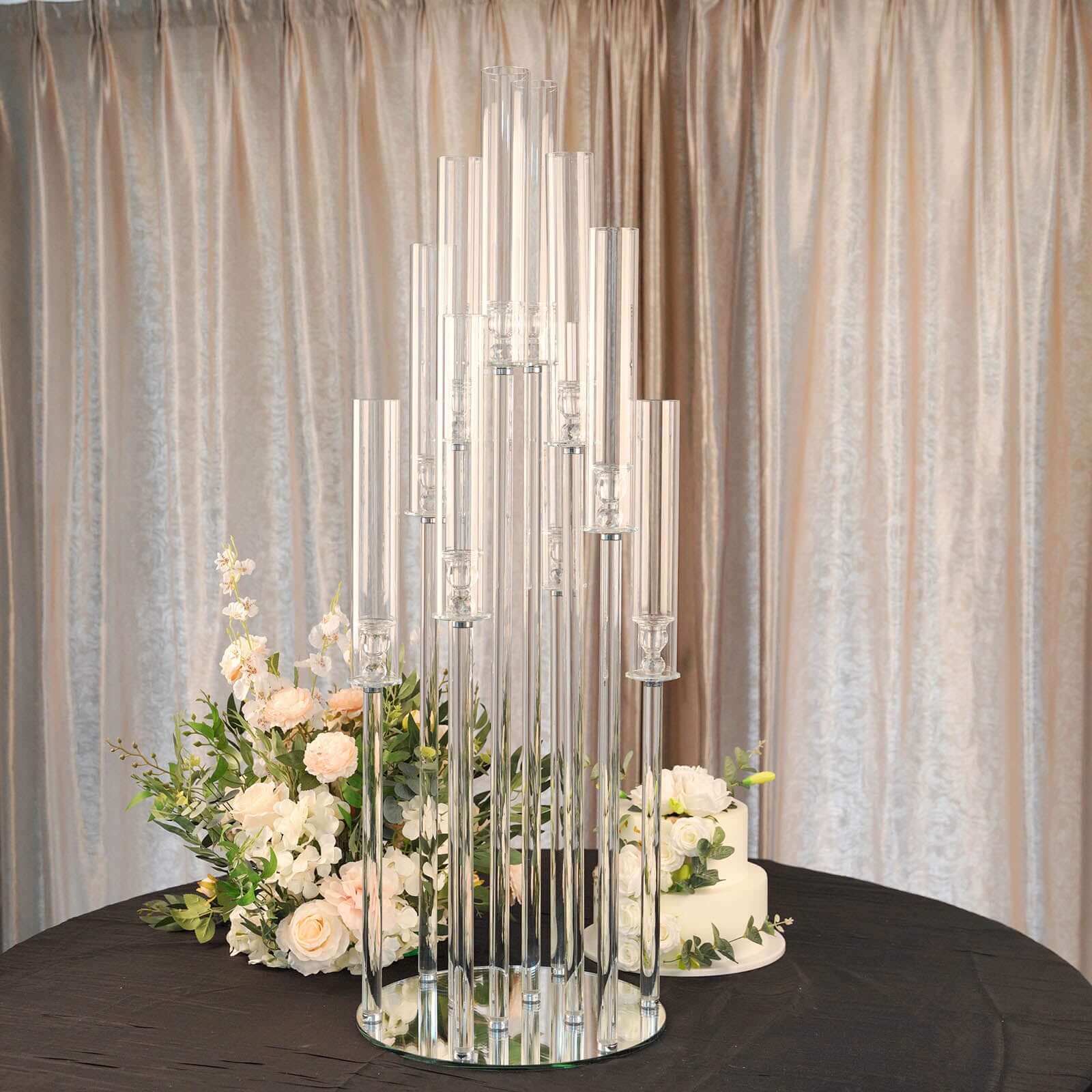 10-Arm Round Cluster Crystal Candelabra with Mirror Base Clear - Sparkling Candle Holder for Votive & Pillar Candles 47