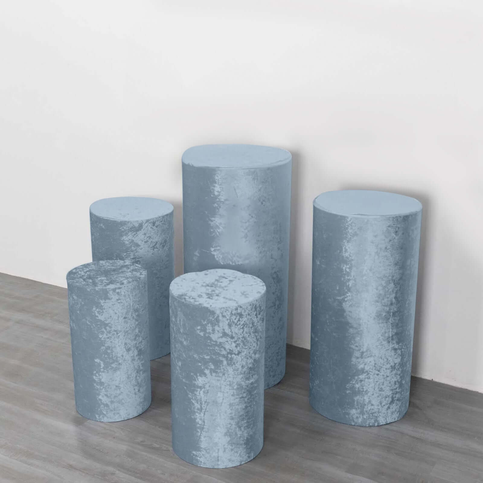 Set of 5 Dusty Blue Crushed Velvet Cylinder Pedestal Stand Covers, Premium Pillar Prop Covers