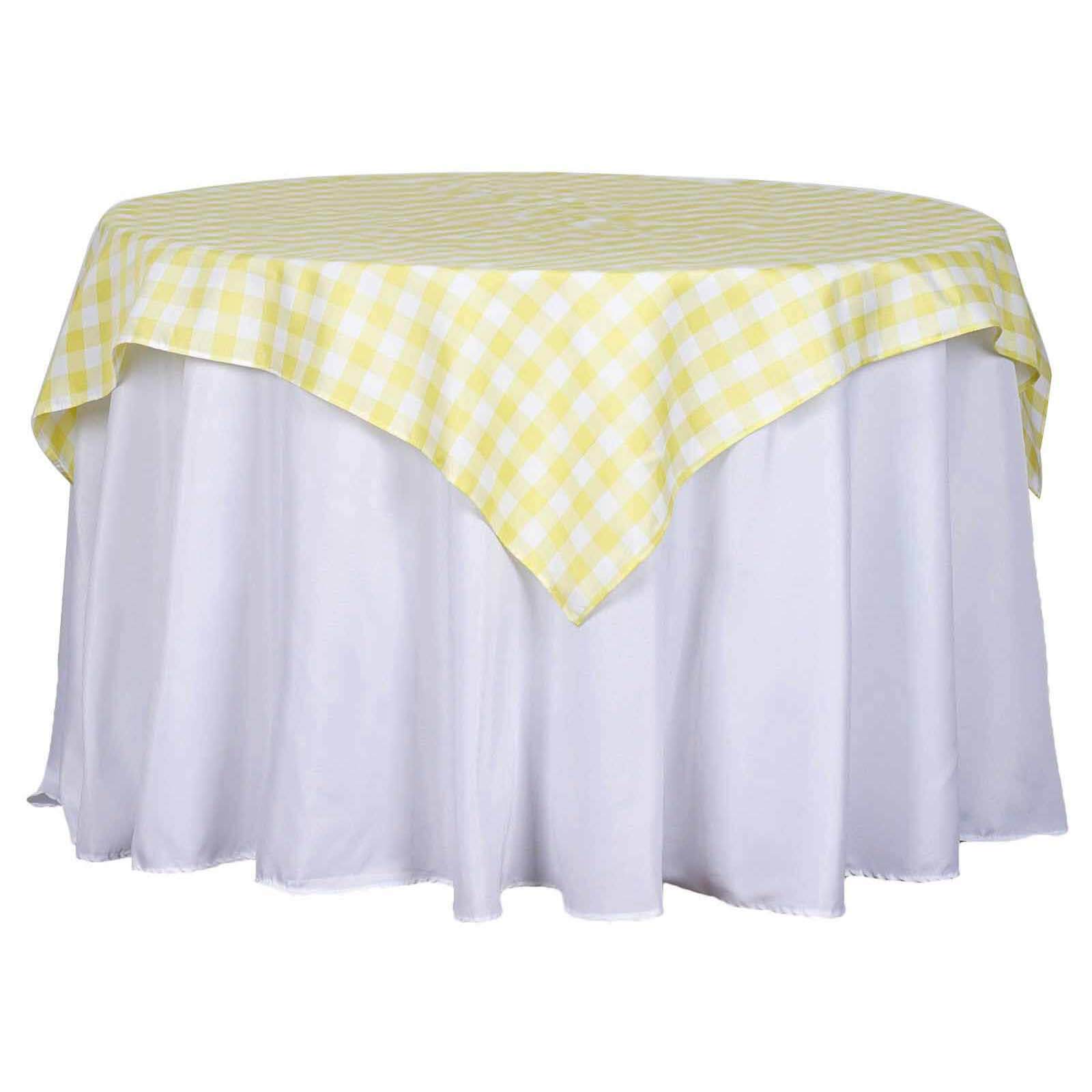 54x54 White Yellow Seamless Buffalo Plaid Square Table Overlay, Checkered Gingham Polyester Table Overlay