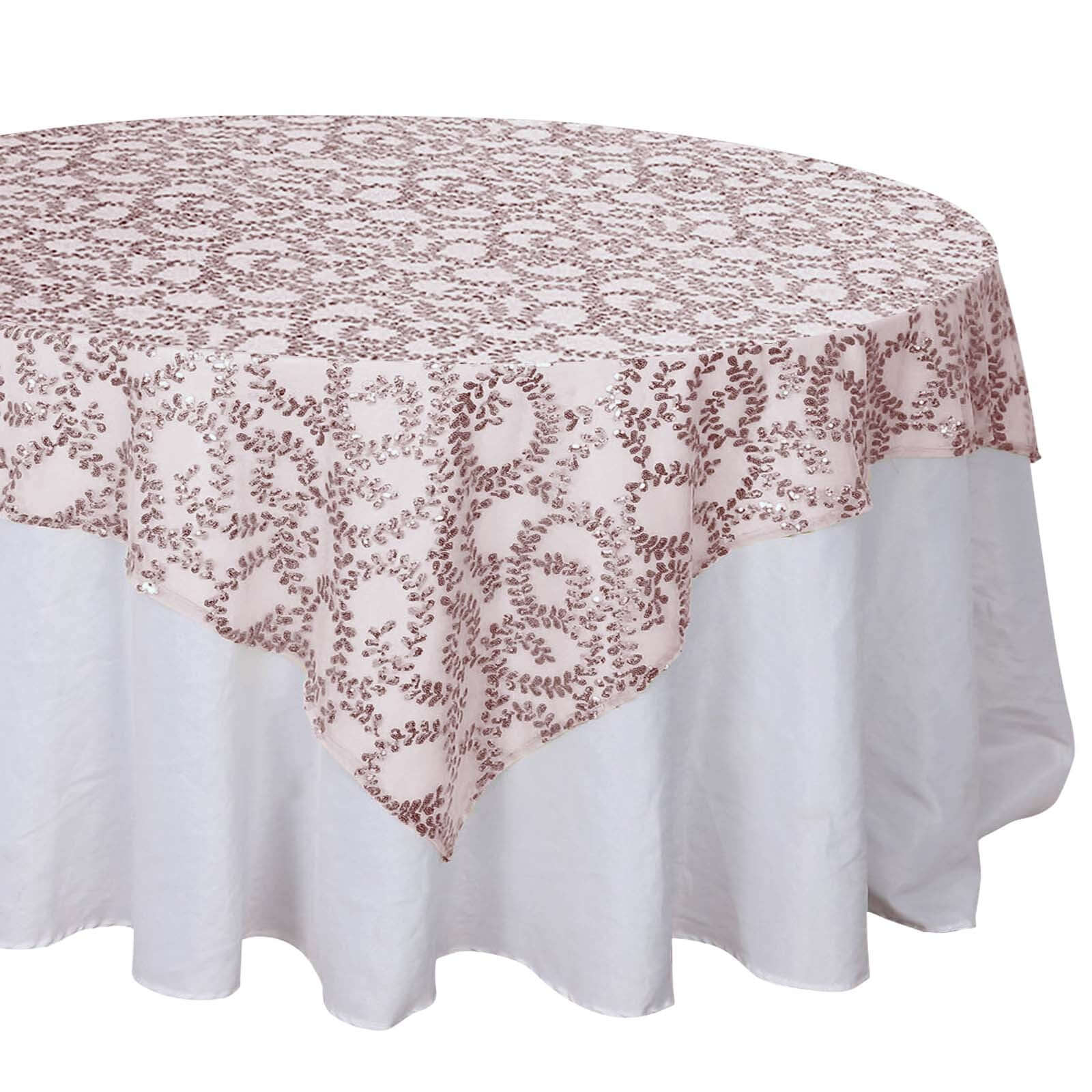 Tulle 72x72 Table Overlay Square Tablecloth Rose Gold - Sequin Leaf Embroidered Table Topper