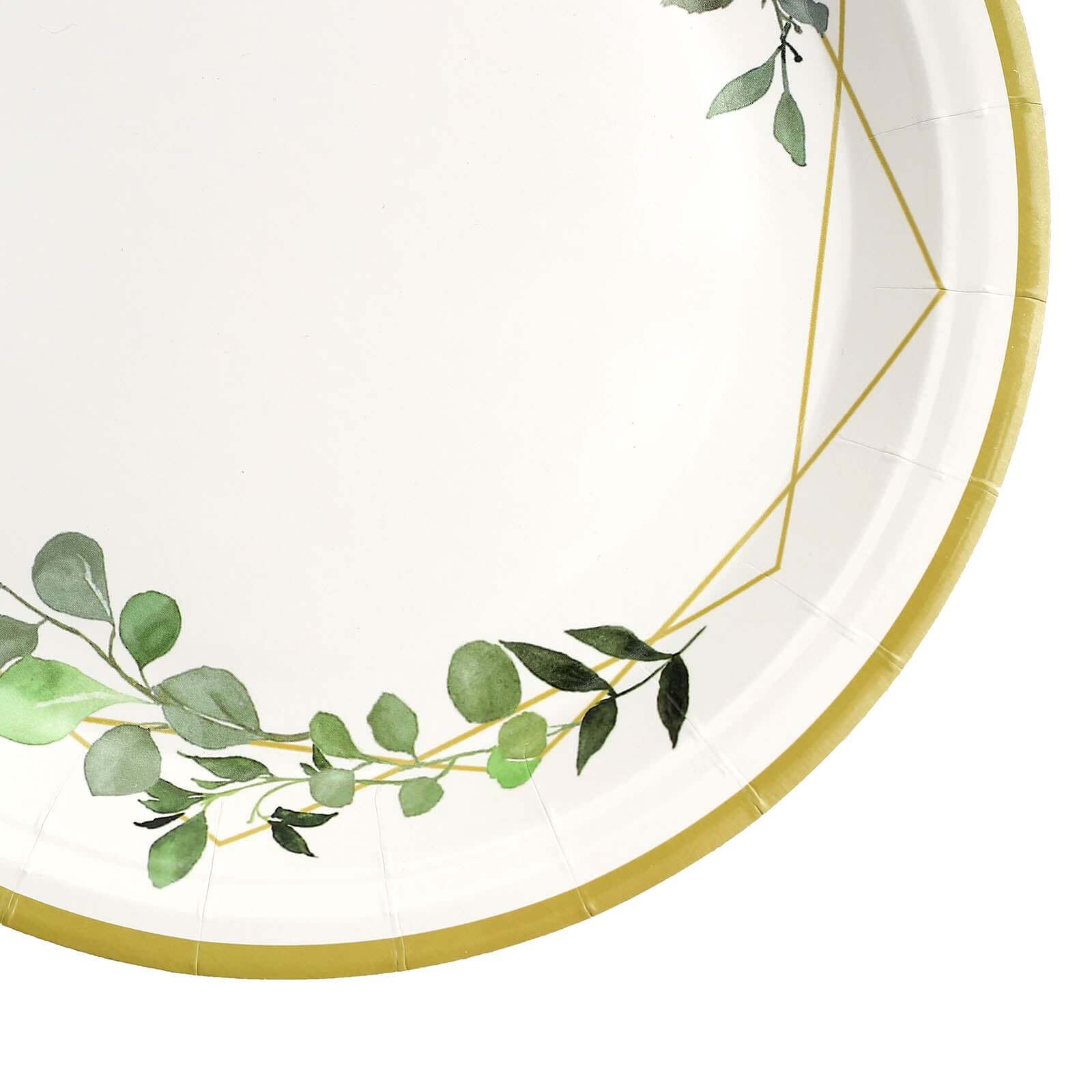 24-Pack Paper 9 Round Dinner Plates in White with Eucalyptus Leaves & Gold Rim - Disposable 300GSM Party Plates for Modern & Nature-Inspired Events