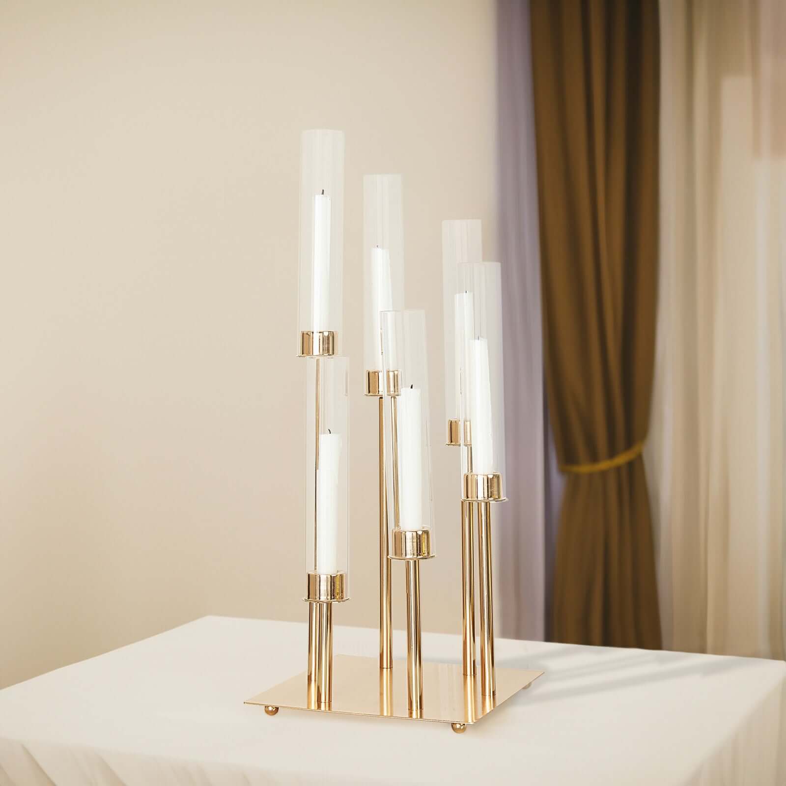 6-Arm Cluster Taper Candle Holder Gold with Clear Glass Shades - Sleek Candle Display for Gatherings 24