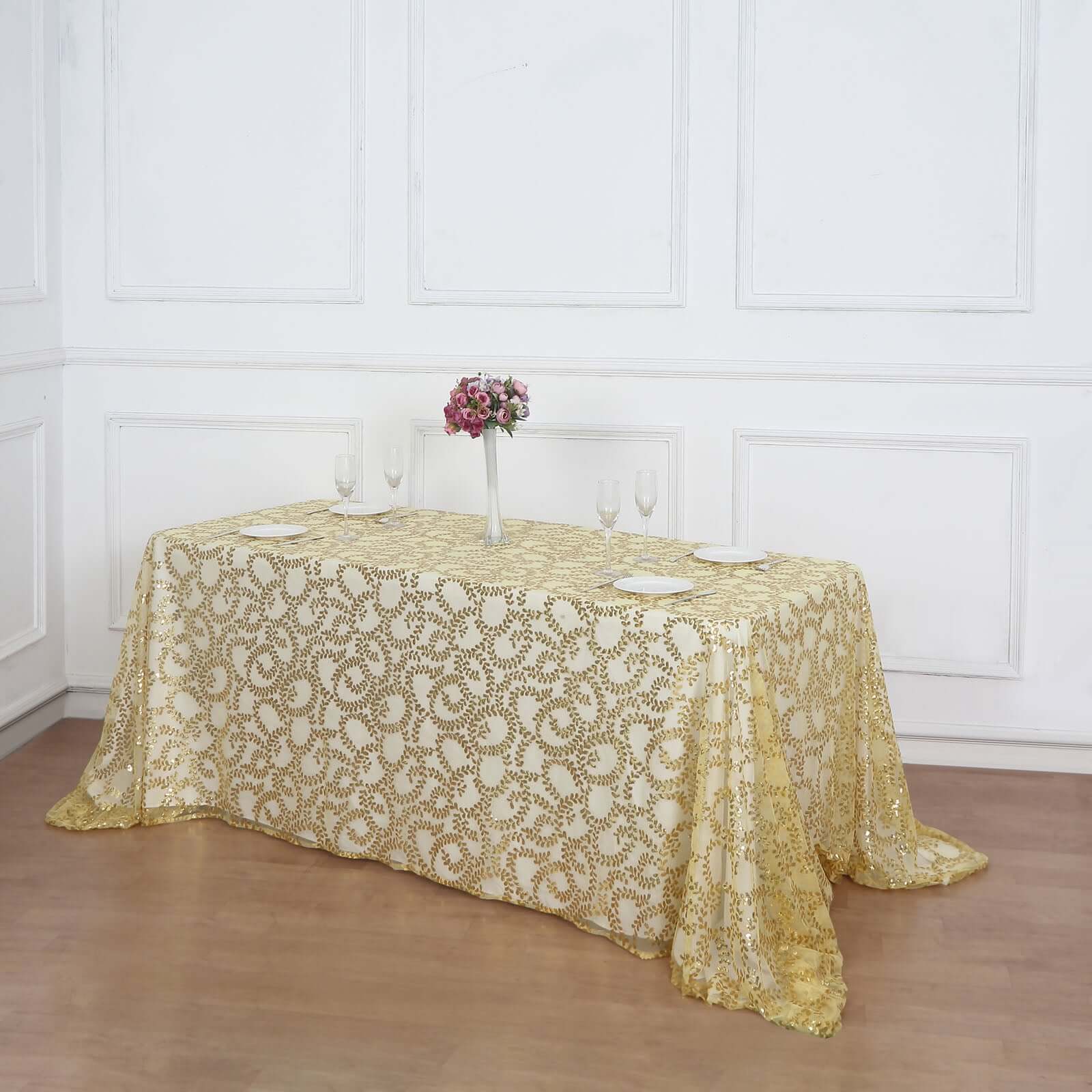 Tulle 90x156 Rectangle Tablecloth Gold - Sequin Leaf Embroidered Design for Luxe Celebrations