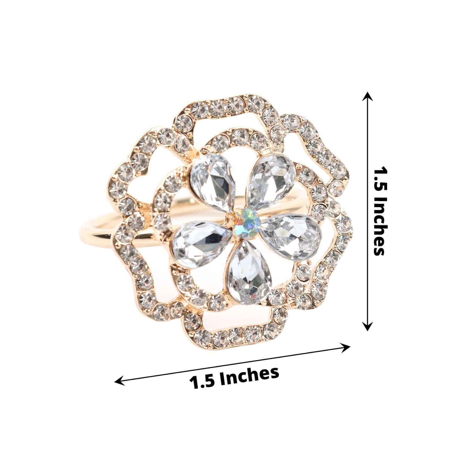 4 Pack Diamond Rhinestone Gold Metal Rose Flower Napkin Rings, Decorative Napkin Buckle Holders