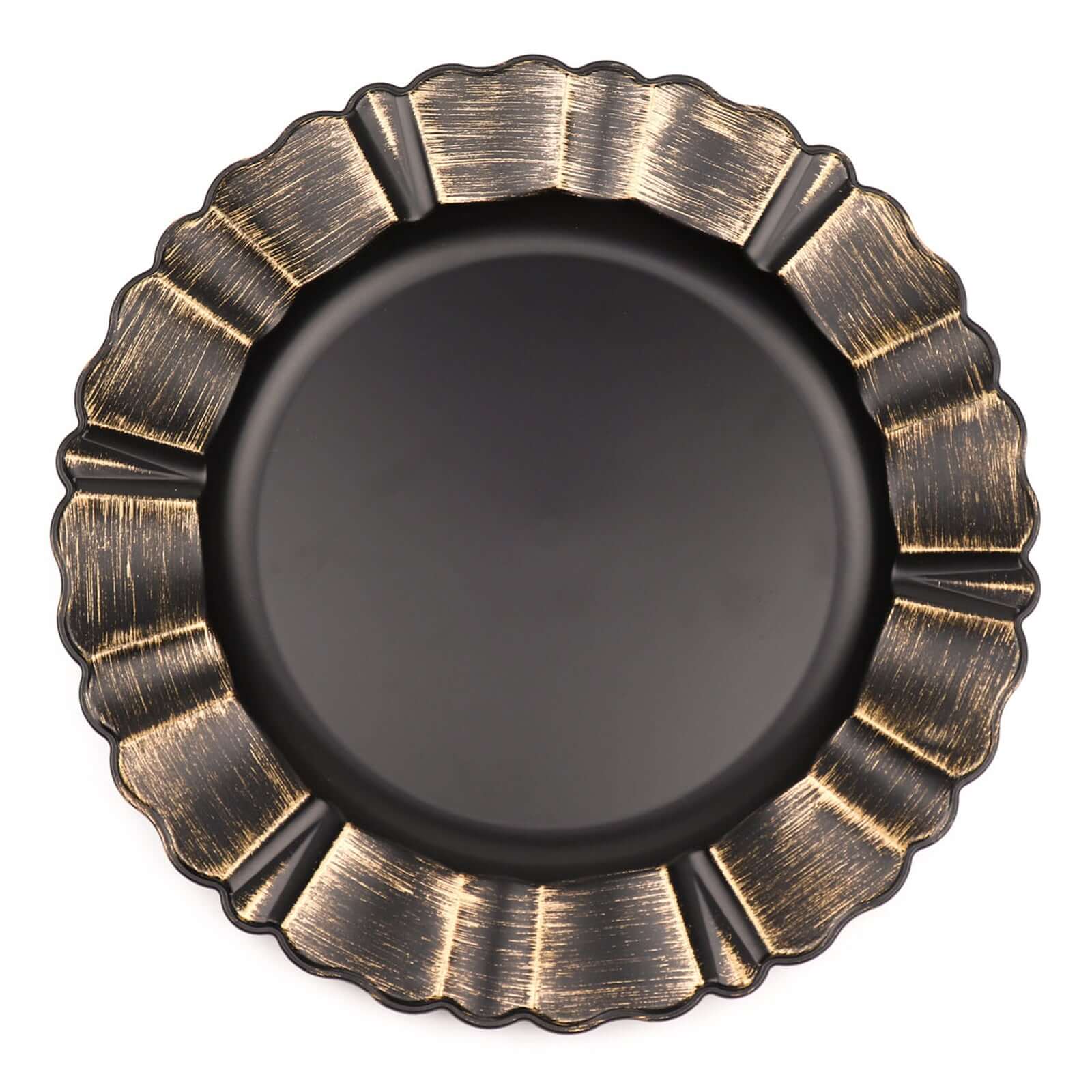 6-Pack Acrylic Plastic Round Charger Plates 13 in Matte Black with Gold Brushed Wavy Scalloped Rim, Decorative Dinner Party Charger Tableware