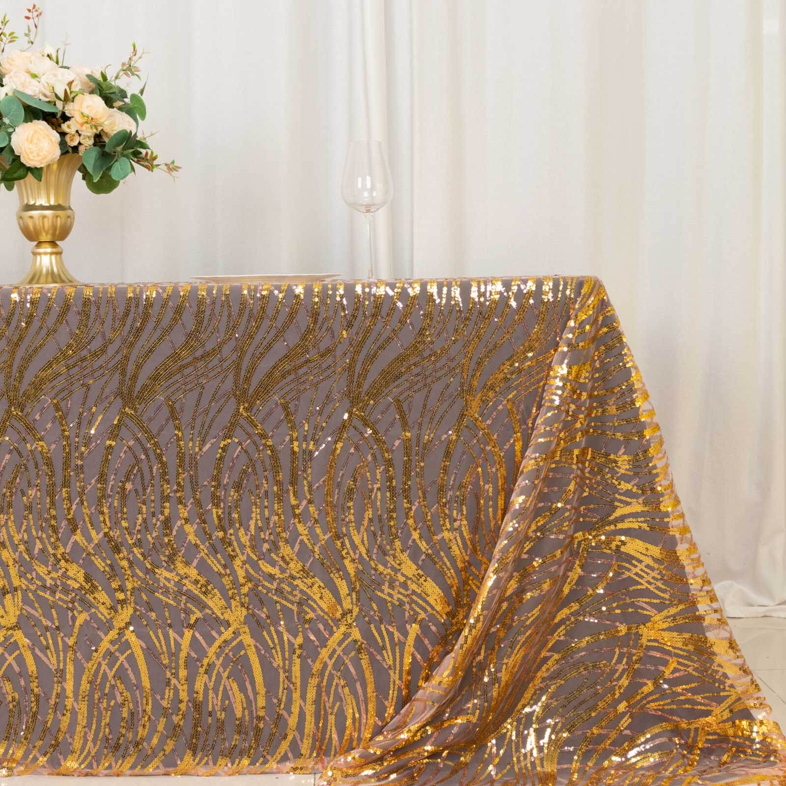 Mesh 90x156 Rectangle Tablecloth Rose Gold/Gold - Wave Sequin Embroidered Table Cover