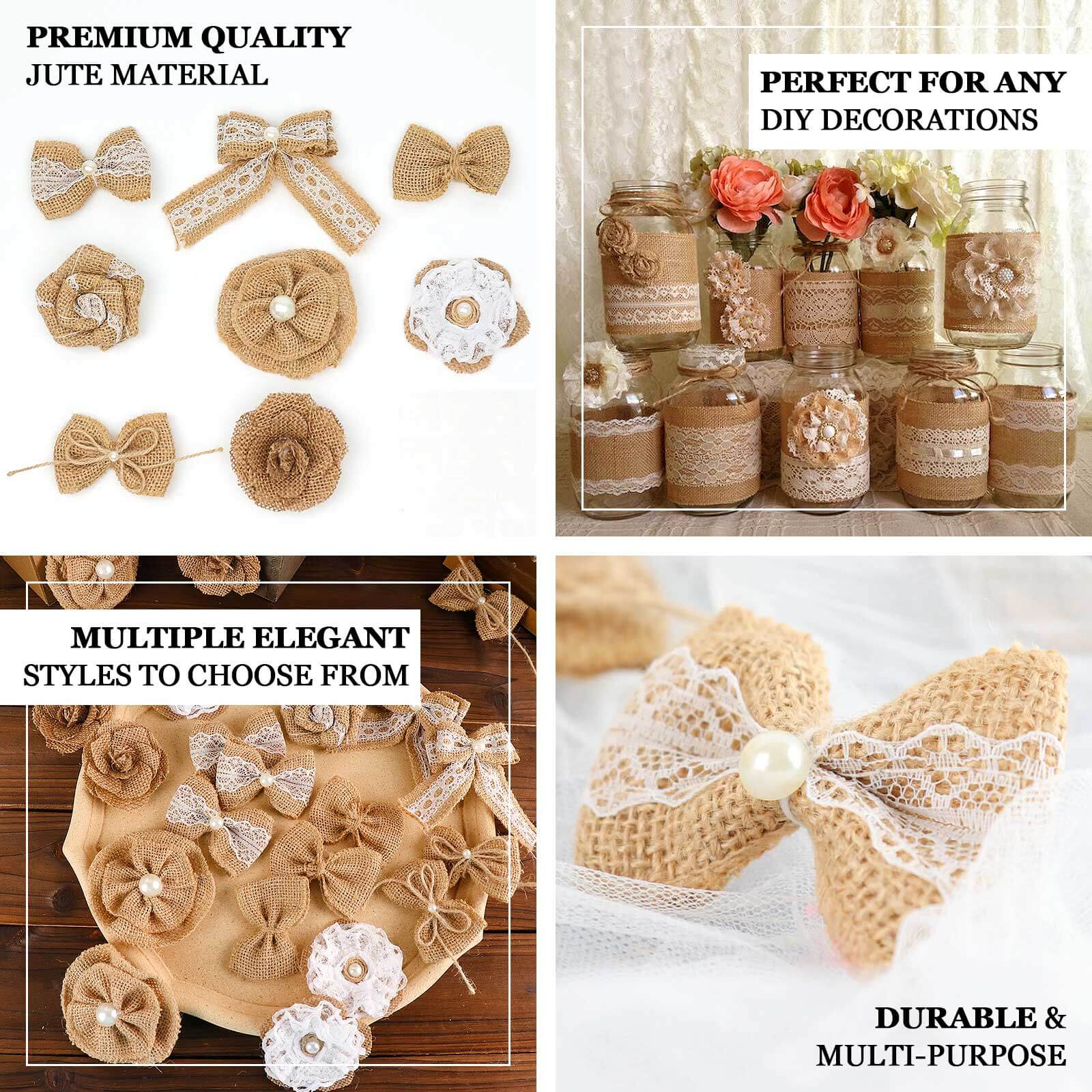 24 Pcs Natural Burlap Flower and Bows Set w Lace Ribbon Craft Supplies, DIY Jute Stick On Ribbon and Bows, 30 Sticker Dots Included, 8 Assorted Styles