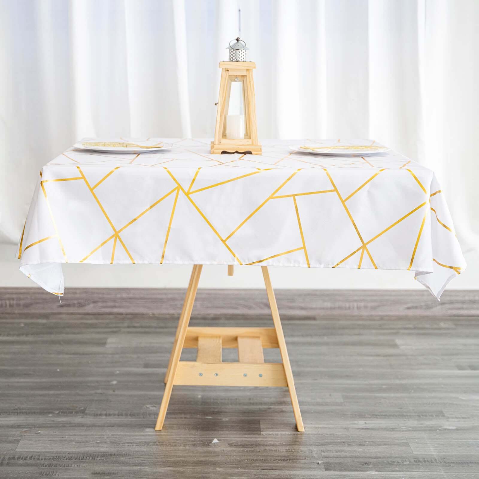 Polyester 54x54 Square Tablecloth White with Gold Foil Geometric Pattern - Wrinkle-Resistant & Durable for Stylish Settings