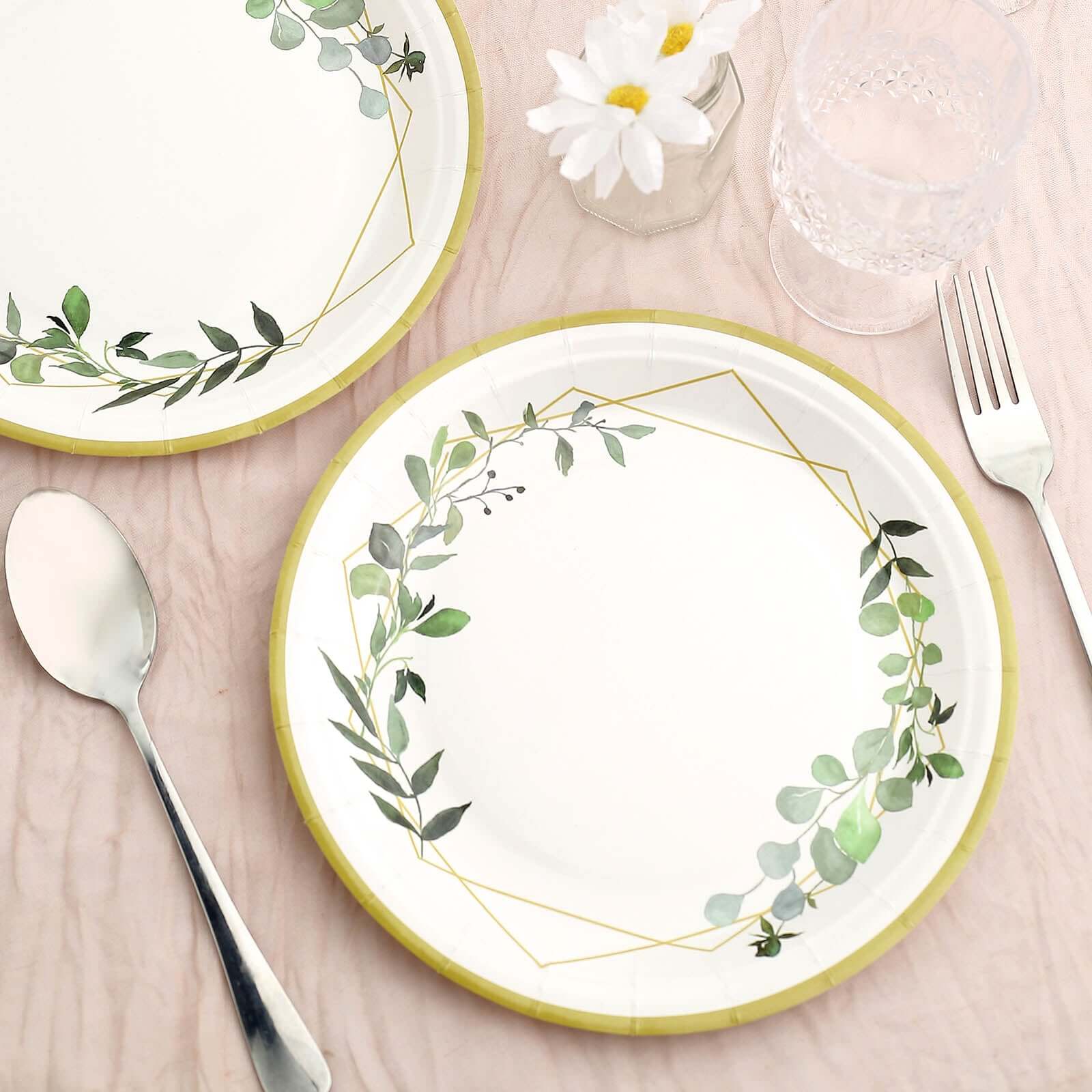 24-Pack Paper 9 Round Dinner Plates in White with Eucalyptus Leaves & Gold Rim - Disposable 300GSM Party Plates for Modern & Nature-Inspired Events