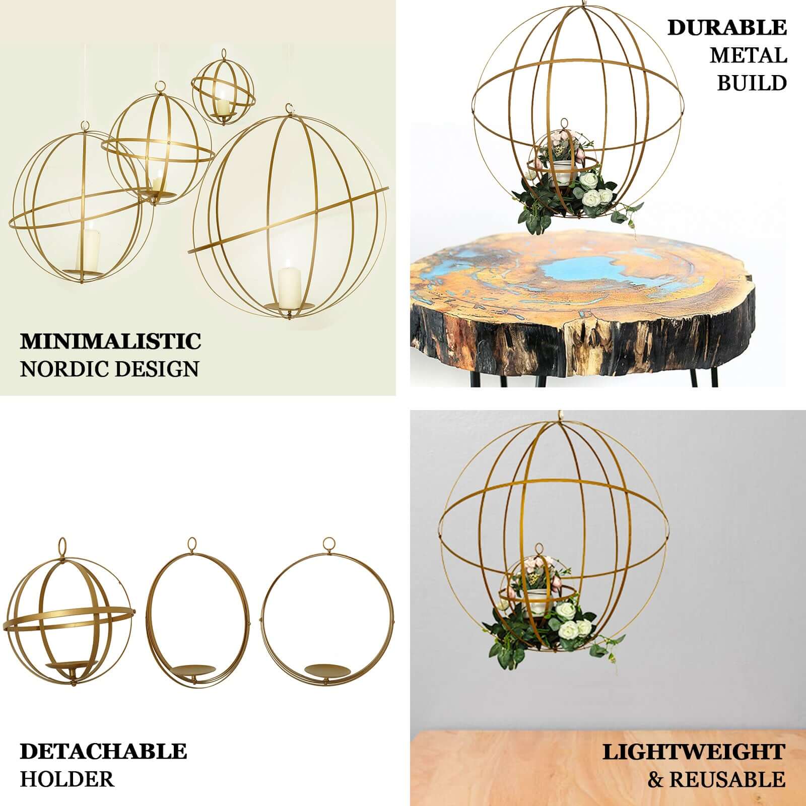 Hanging Sphere Candle Holder Gold Wrought Iron Open Frame Floral Display - Centerpiece Ball 12