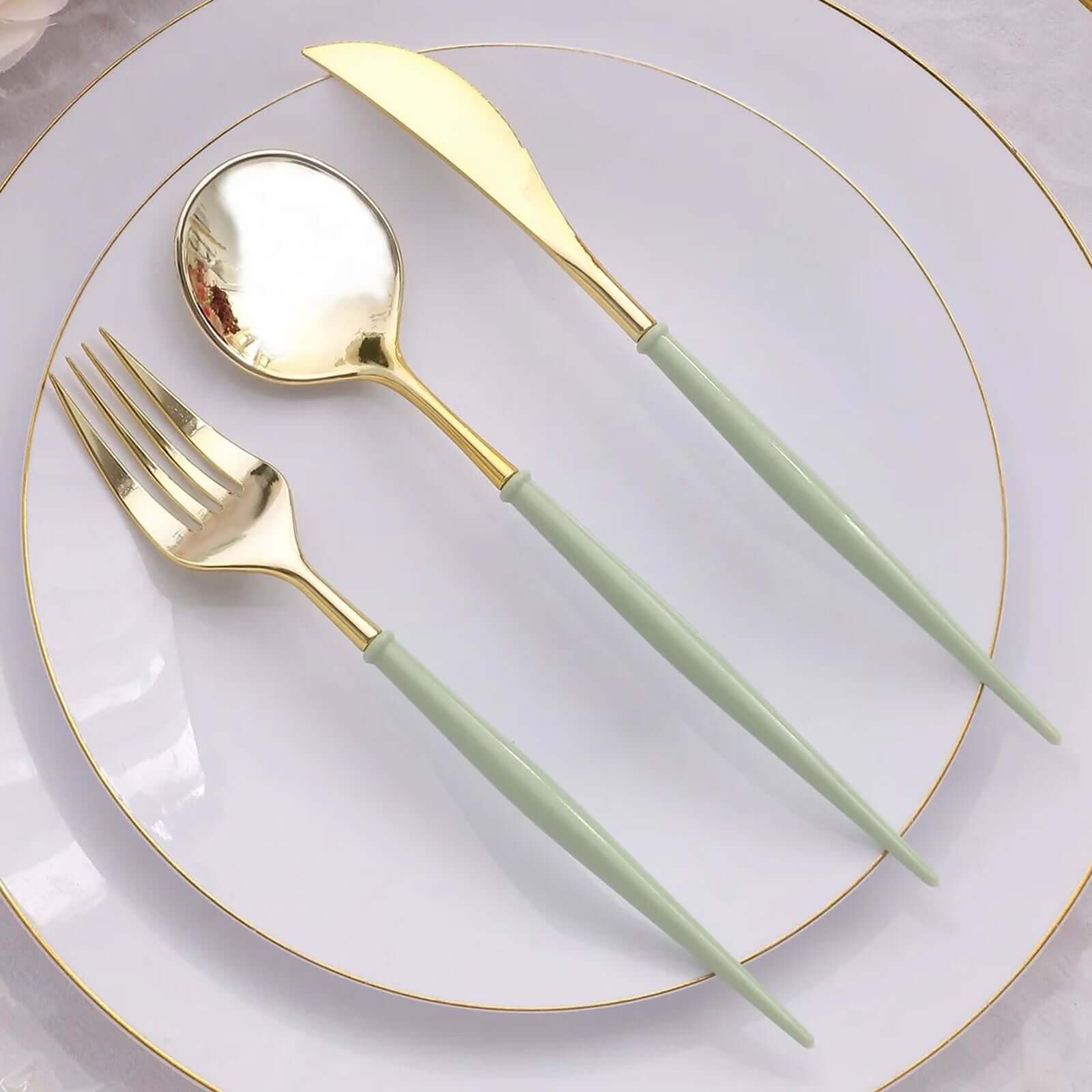 24-Pack Plastic Flatware Set in Metallic Gold with Sage Green Handle - Heavy Duty Disposable Modern Silverware 8