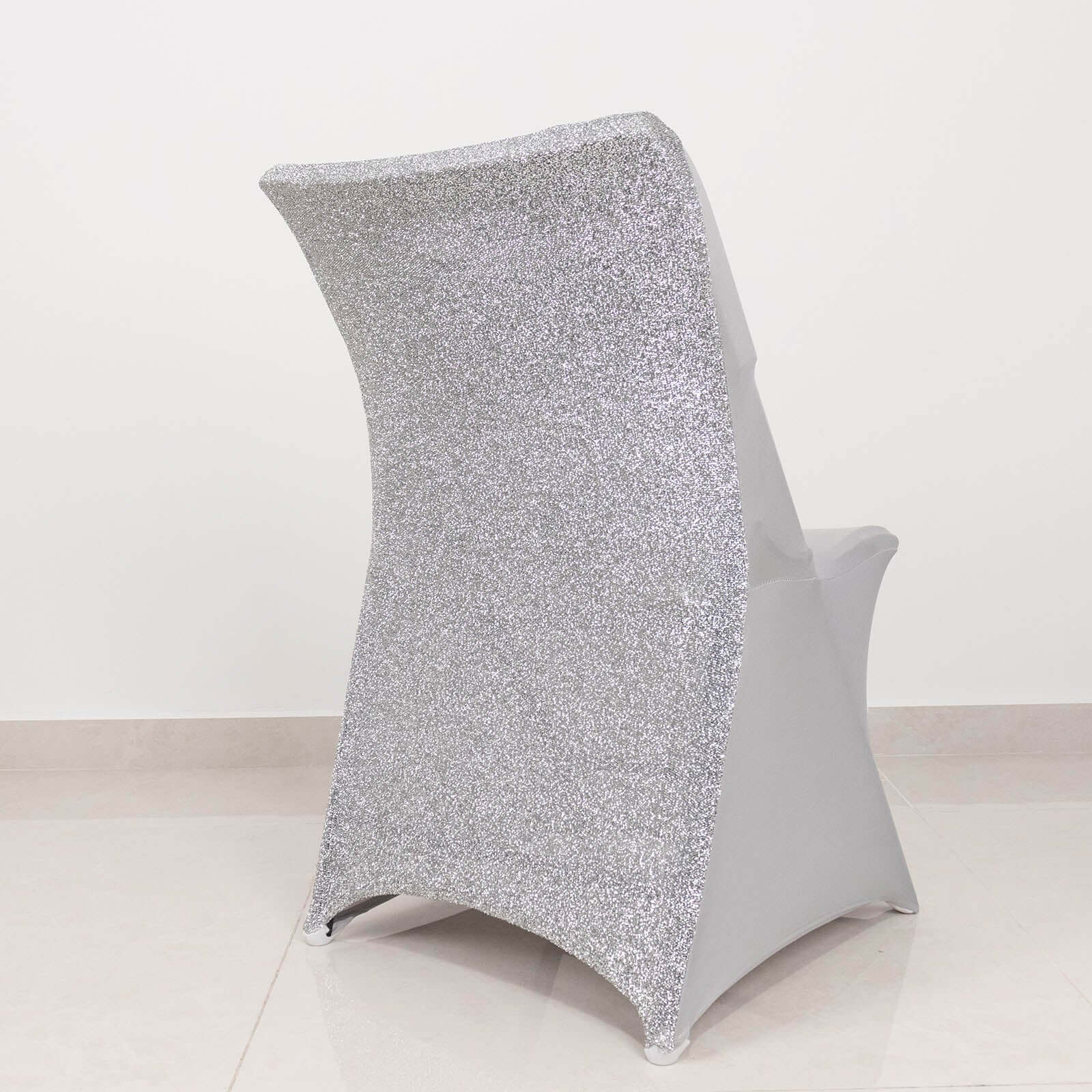 Stretch Spandex Chair Cover Silver for Folding Chairs - Metallic Shimmer Tinsel Back Design Fitted Slipcover