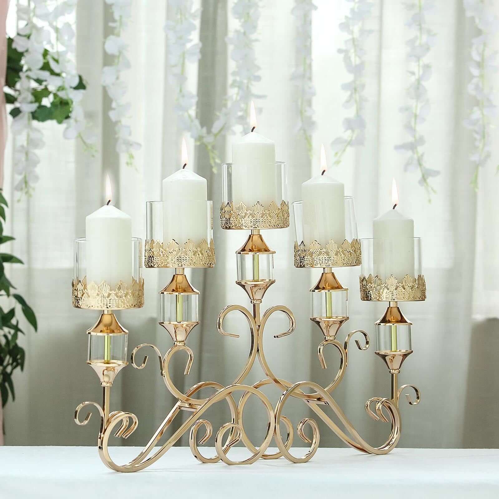 5-Arm Metal Table Candelabra Antique Gold Crown Top Design - Stylish Horizontal Table Centerpiece with Glass Votive Holders 18