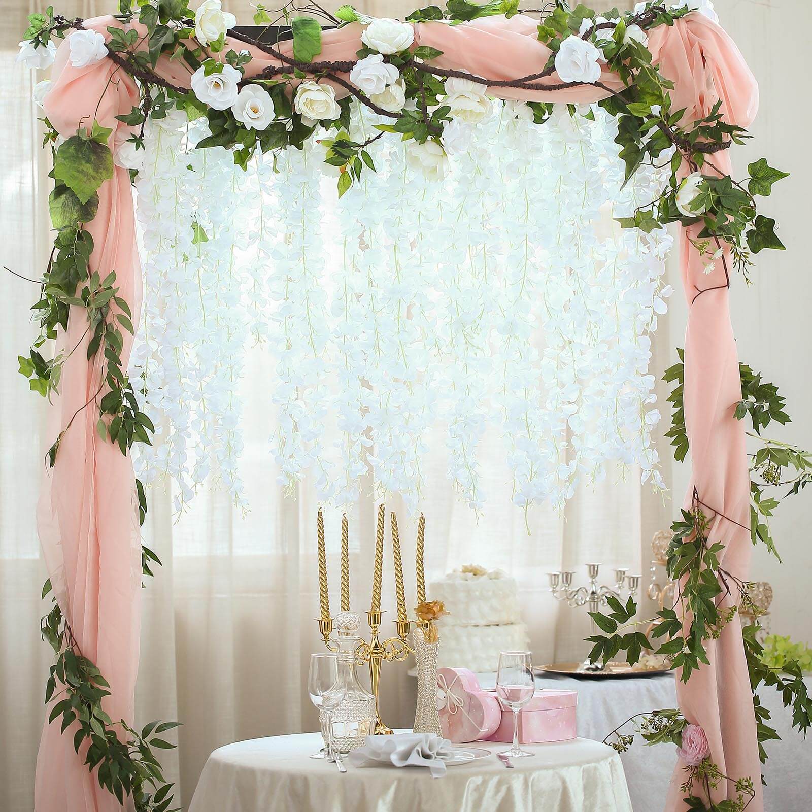 42 Silk Hanging Wisteria Flower Garland Vines in White, Elaborated 5 Full Strands in 1 Bush