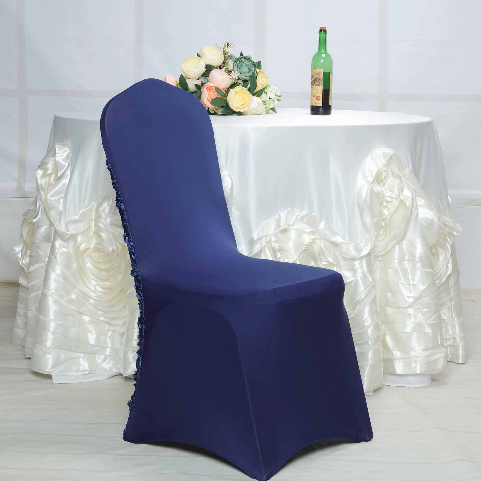 Satin Rosette Chair Cover for Banquet Chairs Navy Blue - Stretch Fitted Slip-On Slipcover