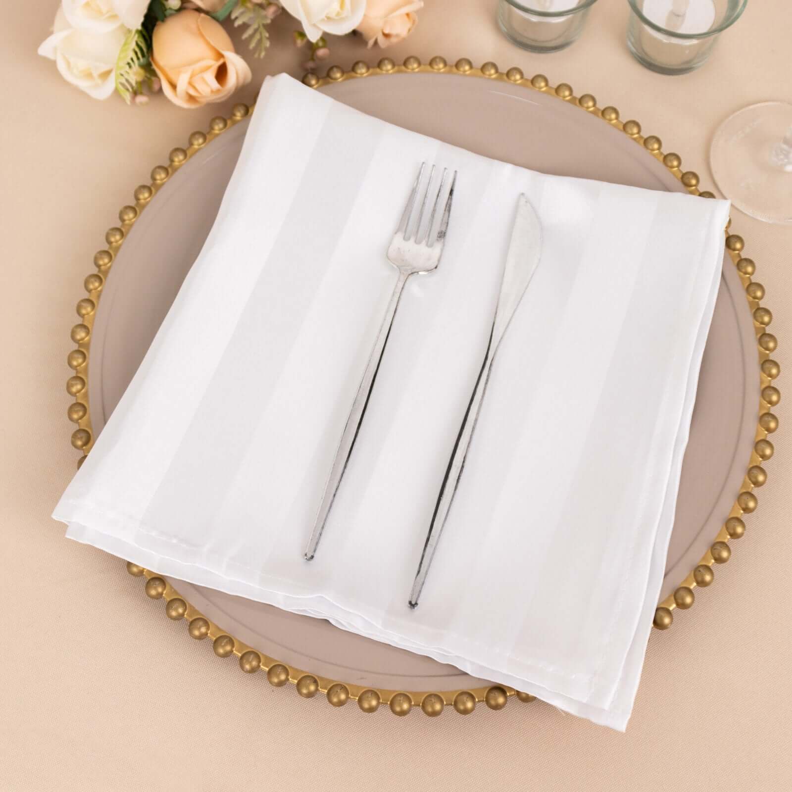 5 Pack Satin 20x20 Napkins White Glossy Stripes - Durable & Wrinkle-Free Cloth Napkins for Exquisite Table Settings