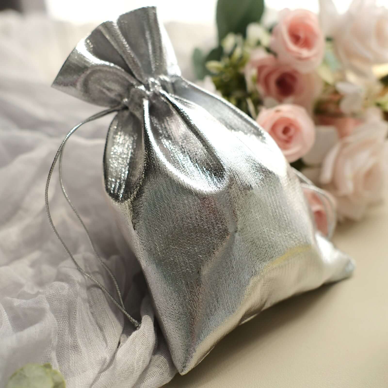 10 Pack Metallic Silver Lame Polyester 5x7 Party Favor Gift Bags, Shiny Fabric Drawstring Candy Pouch